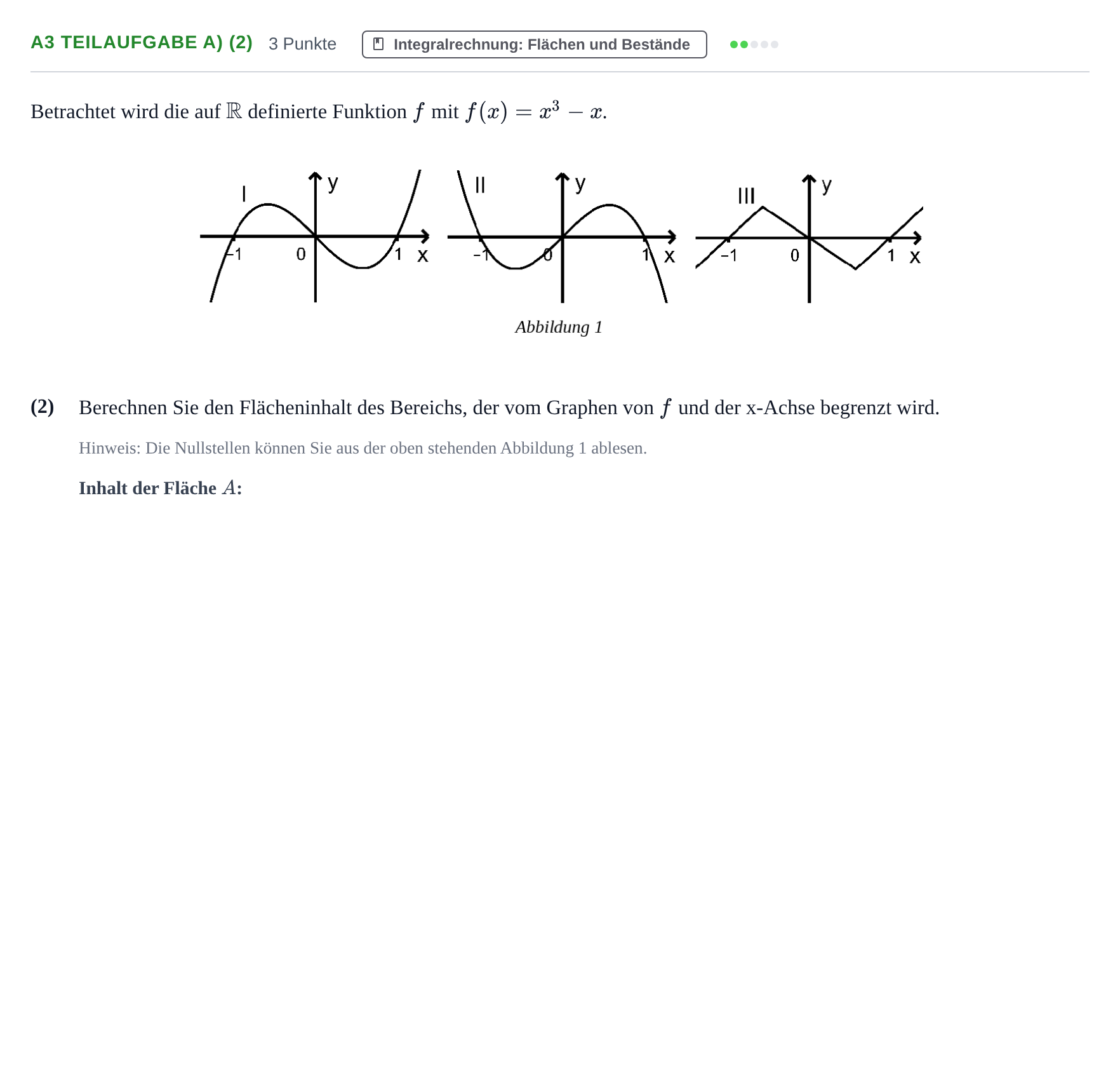 Aufgabenstellung: Aufgabe A3 Teilaufgabe a) (2) - Integralrechnung · Abitur NRW Mathematik GK · Haupttermin · CAS 2021