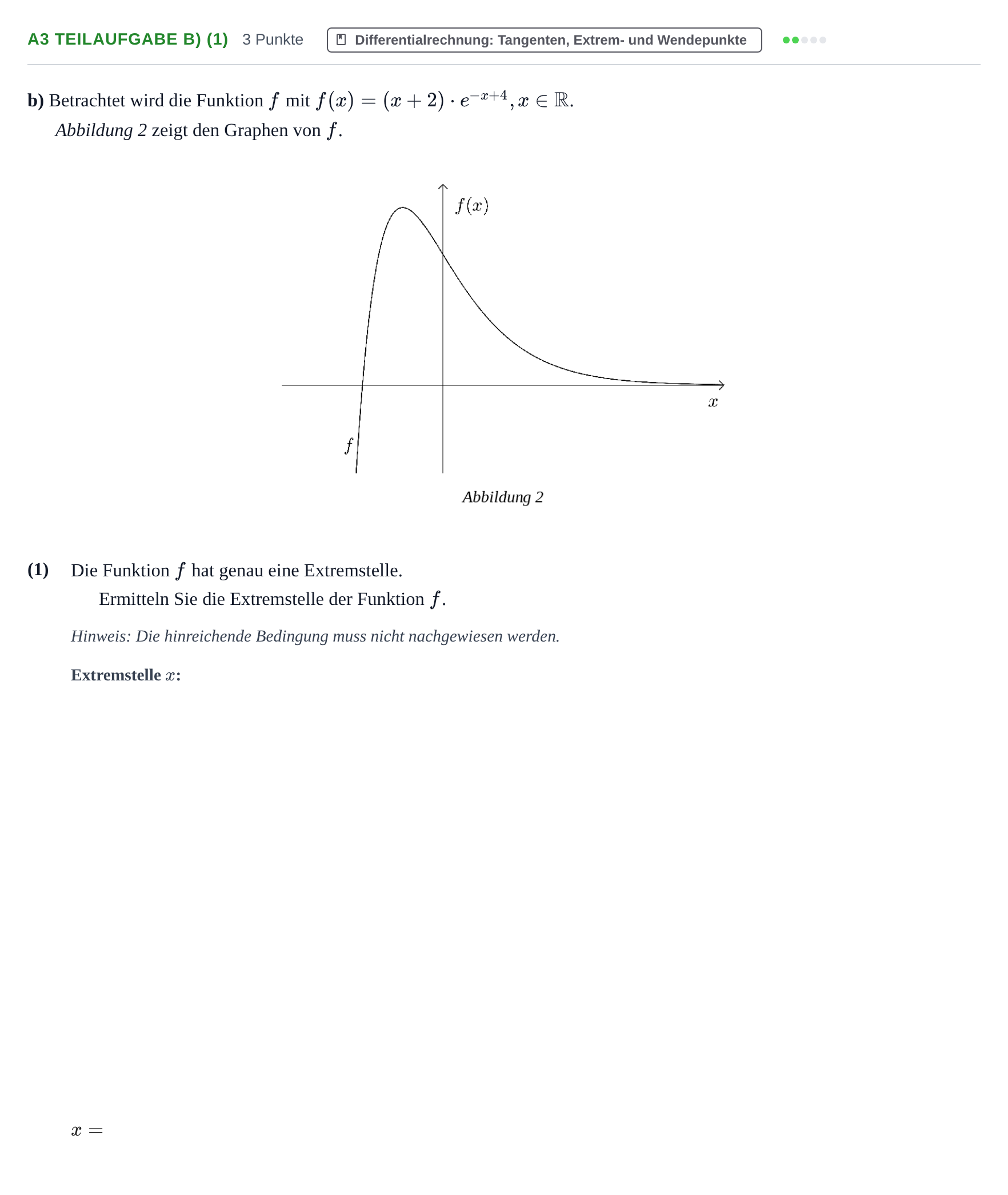 Aufgabenstellung: Aufgabe A3 Teilaufgabe b) (1) - Differentialrechnung · Abitur NRW Mathematik GK · Haupttermin · CAS 2021