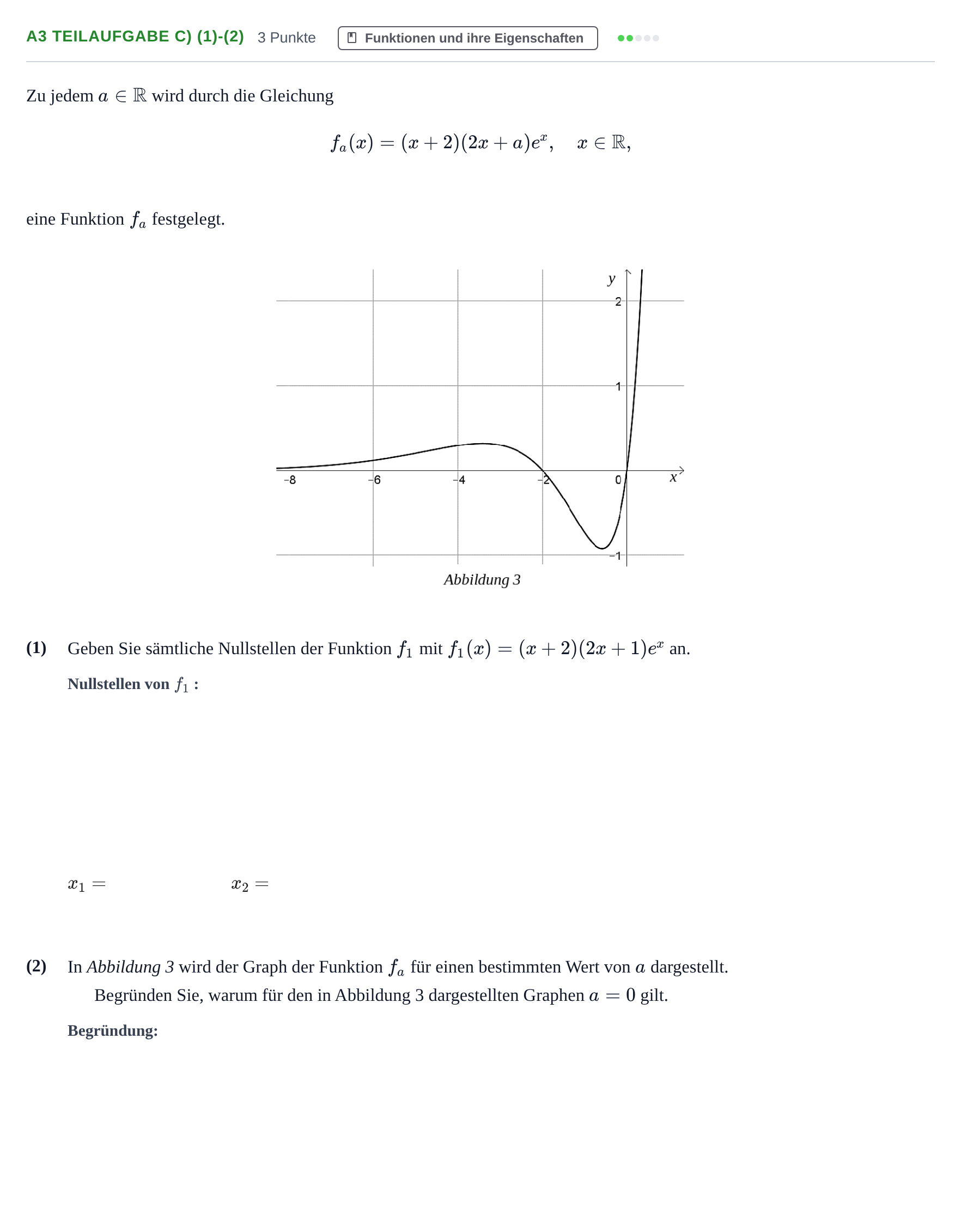 Aufgabenstellung: Aufgabe A3 Teilaufgabe c) (1)-(2) - Funktionen und ihre E… · Abitur NRW Mathematik GK · Haupttermin · CAS 2021