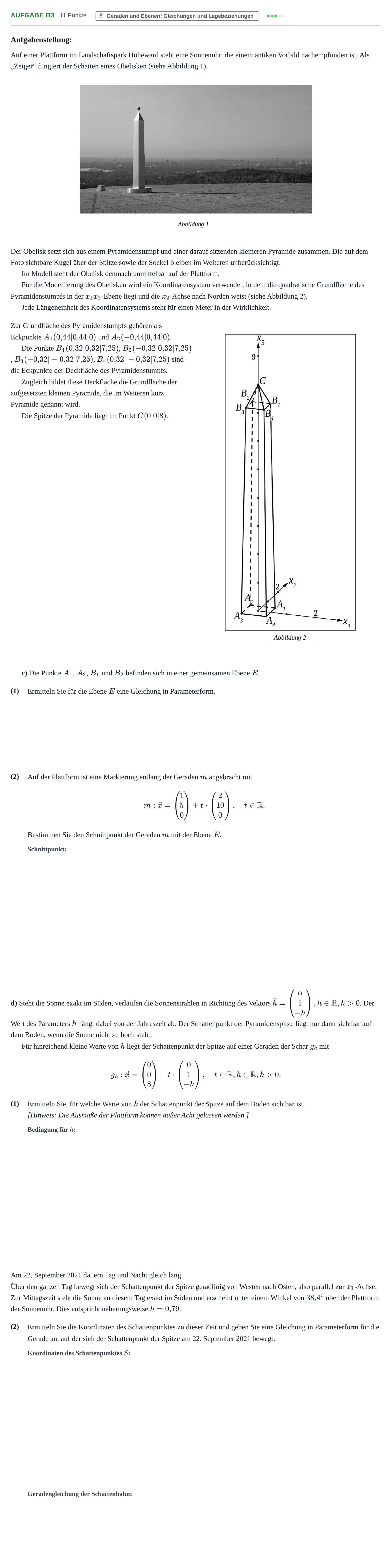 Aufgabenstellung: Aufgabe B3 - Geraden und Ebenen · Abitur NRW Mathematik GK · Haupttermin · CAS · Weiterbildungsk 2021