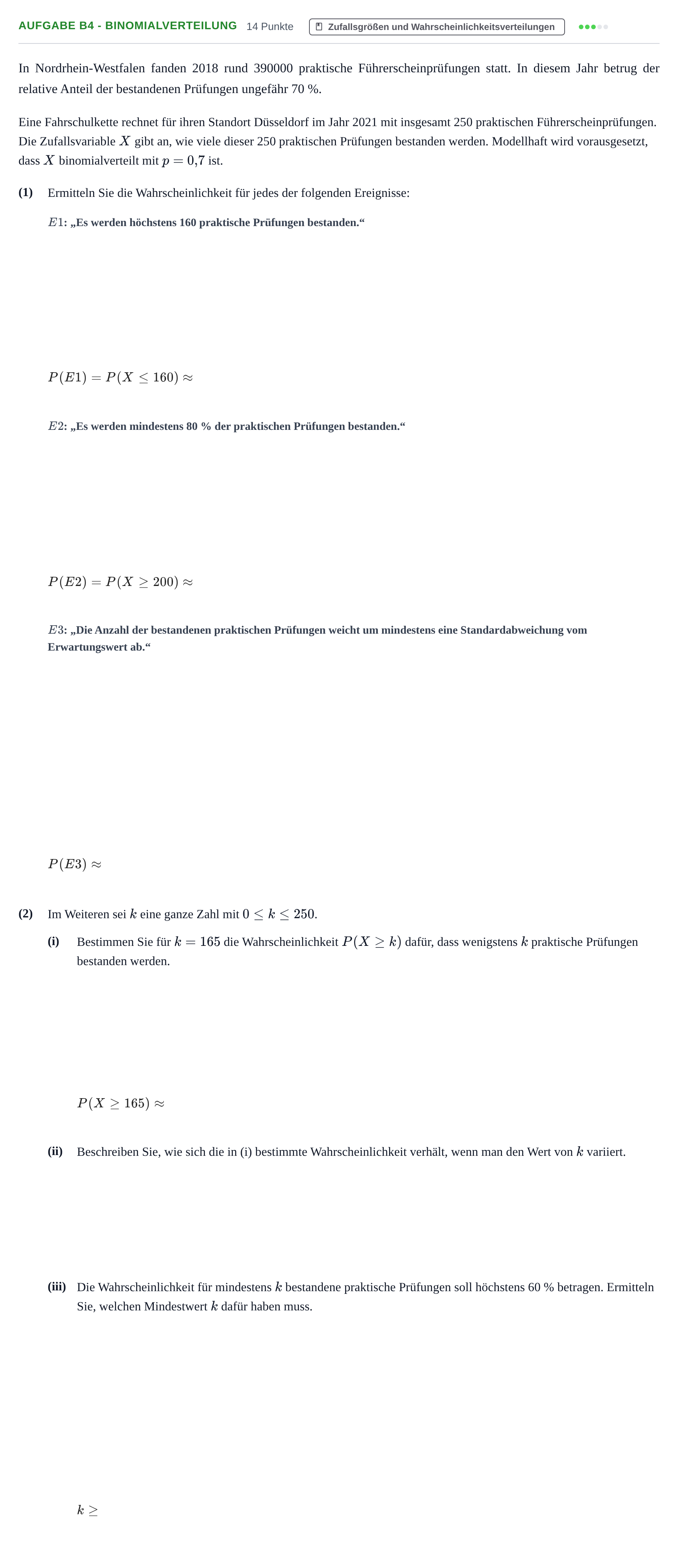 Aufgabenstellung: Aufgabe B4 - Binomialverteilung · Abitur NRW Mathematik GK · Haupttermin · GTR 2021