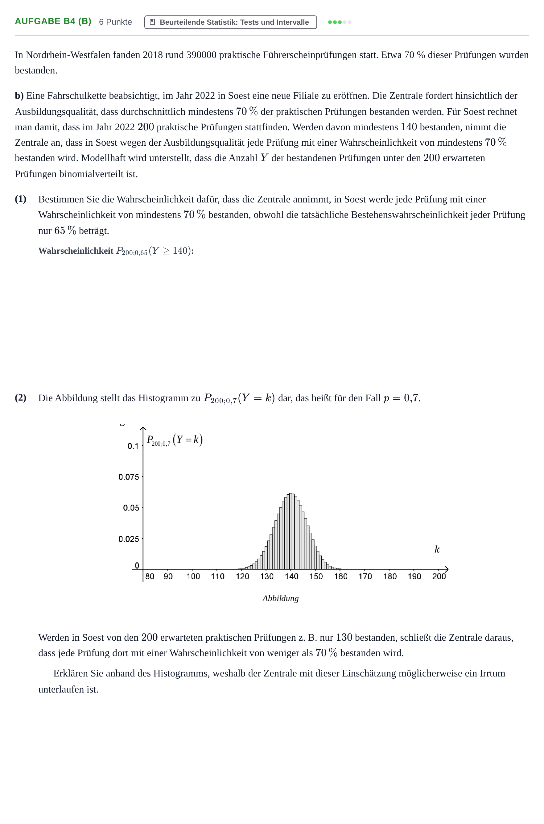 Aufgabenstellung: Aufgabe B4 (b) - Beurteilende Statistik · Abitur NRW Mathematik GK · Haupttermin · GTR · Weiterbildungsk 2021