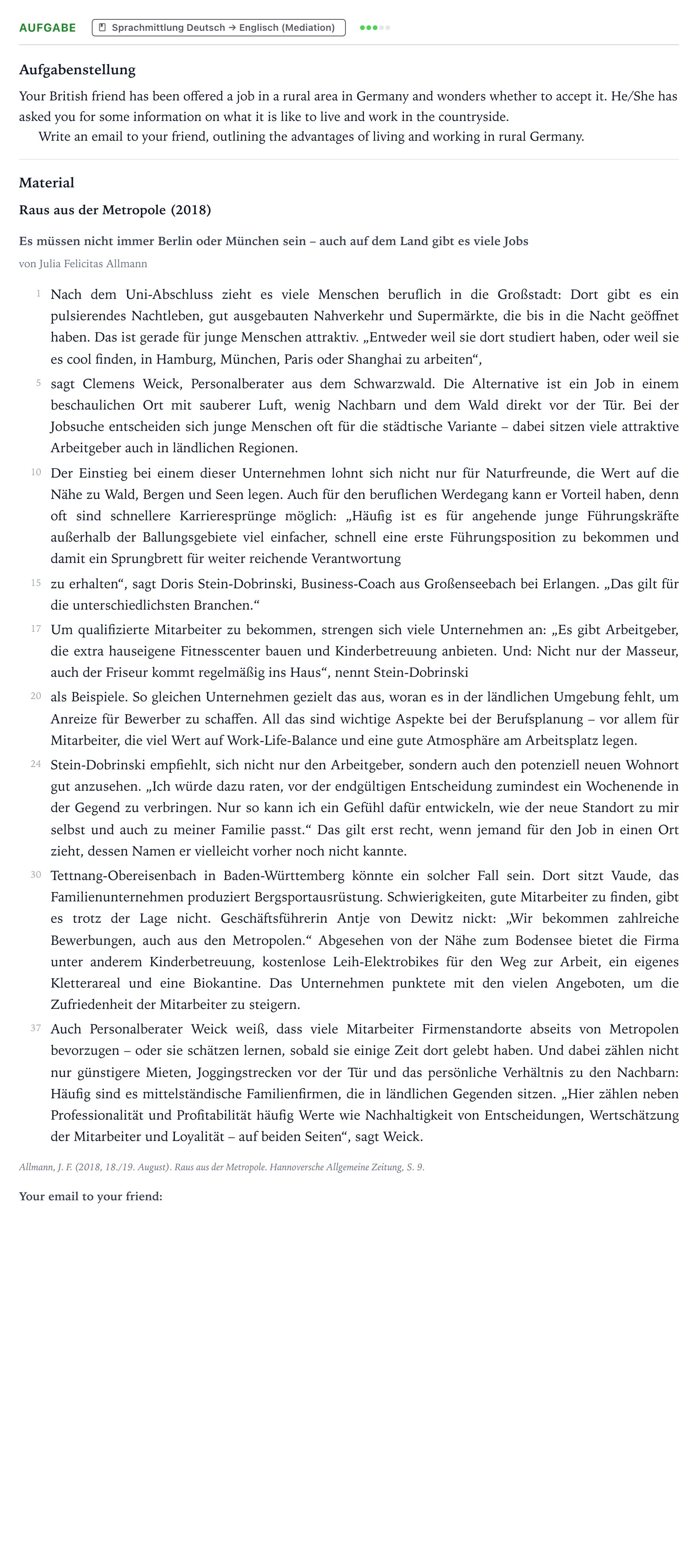 Aufgabenstellung: Aufgabe · Abitur NRW Englisch GK · Allmann: Raus aus der Metropole 2021