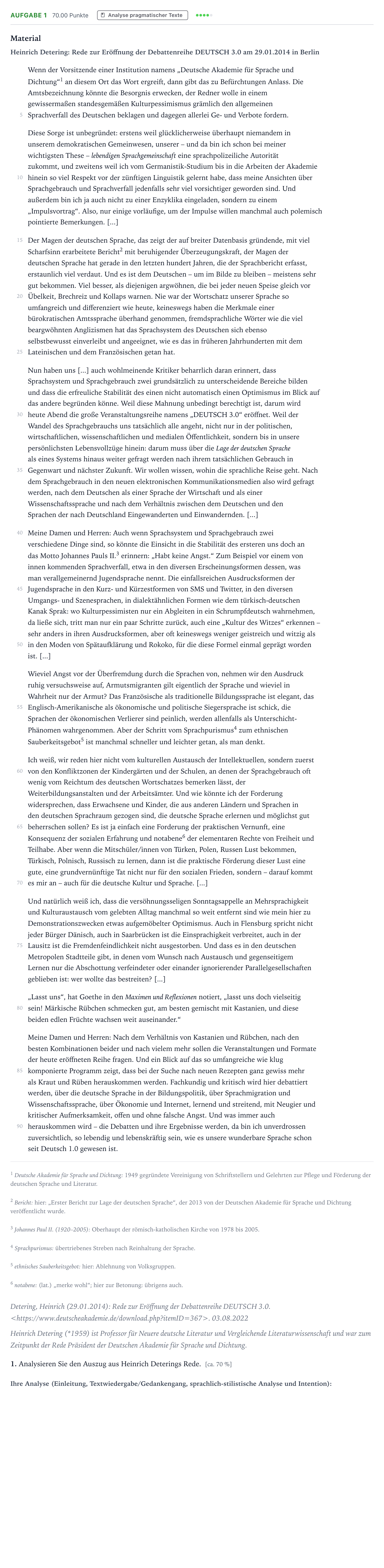 Aufgabenstellung: Aufgabe 1 - Analyse pragmatischer Texte · Abitur NRW Deutsch LK · Zustand des deutschen Sprachsystems 2023
