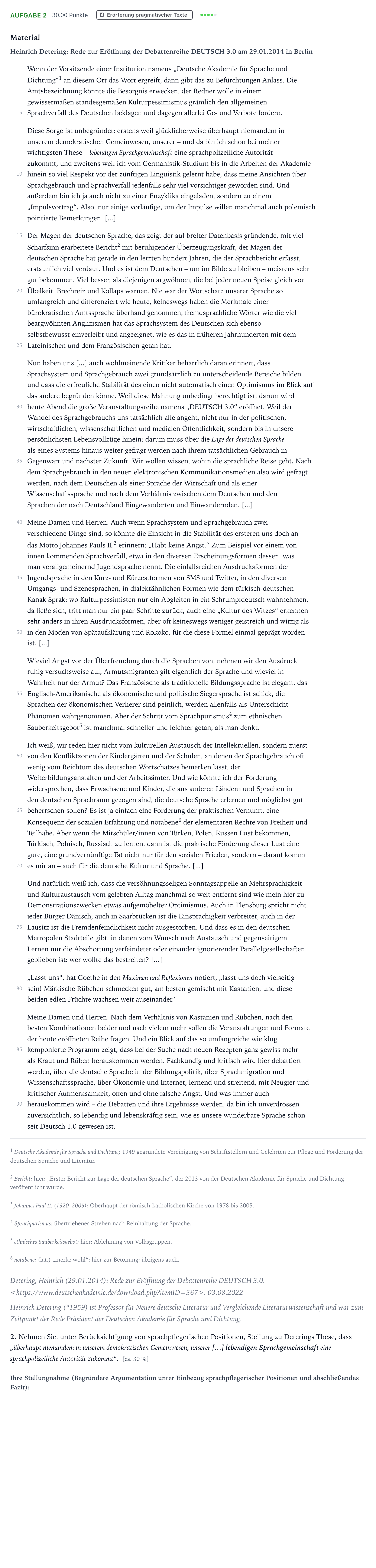 Aufgabenstellung: Aufgabe 2 - Erörterung pragmatischer Texte · Abitur NRW Deutsch LK · Zustand des deutschen Sprachsystems 2023