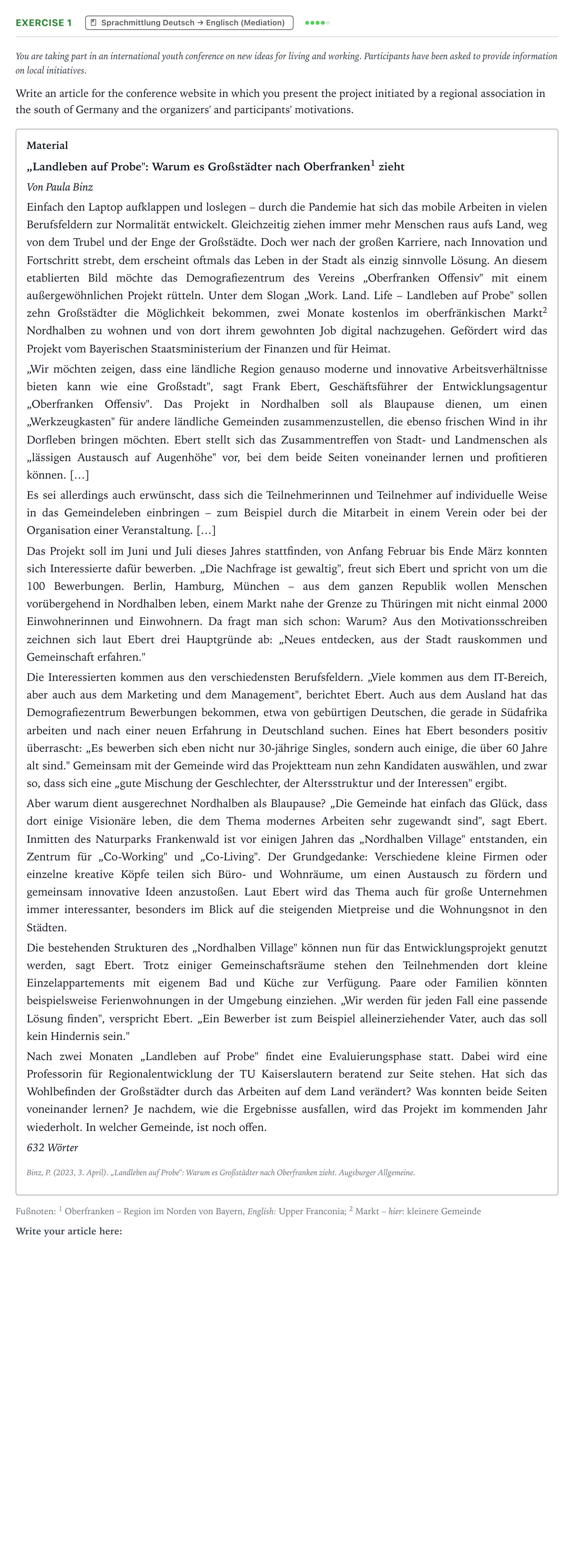 Aufgabenstellung: Aufgabe 1 · Abitur NRW Englisch LK · Binz: "Landleben auf Probe" 2025