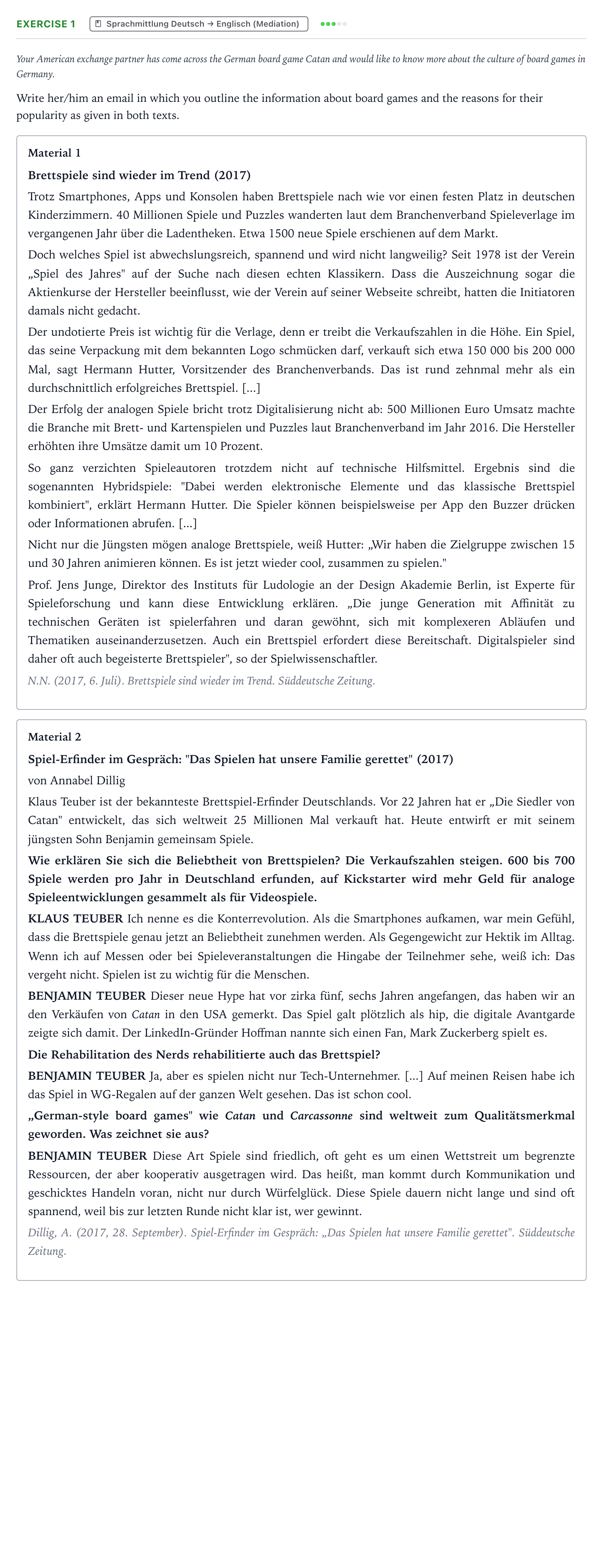 Aufgabenstellung: Aufgabe 1 · Abitur NRW Englisch LK · Brettspiele sind wieder im Trend / 2021
