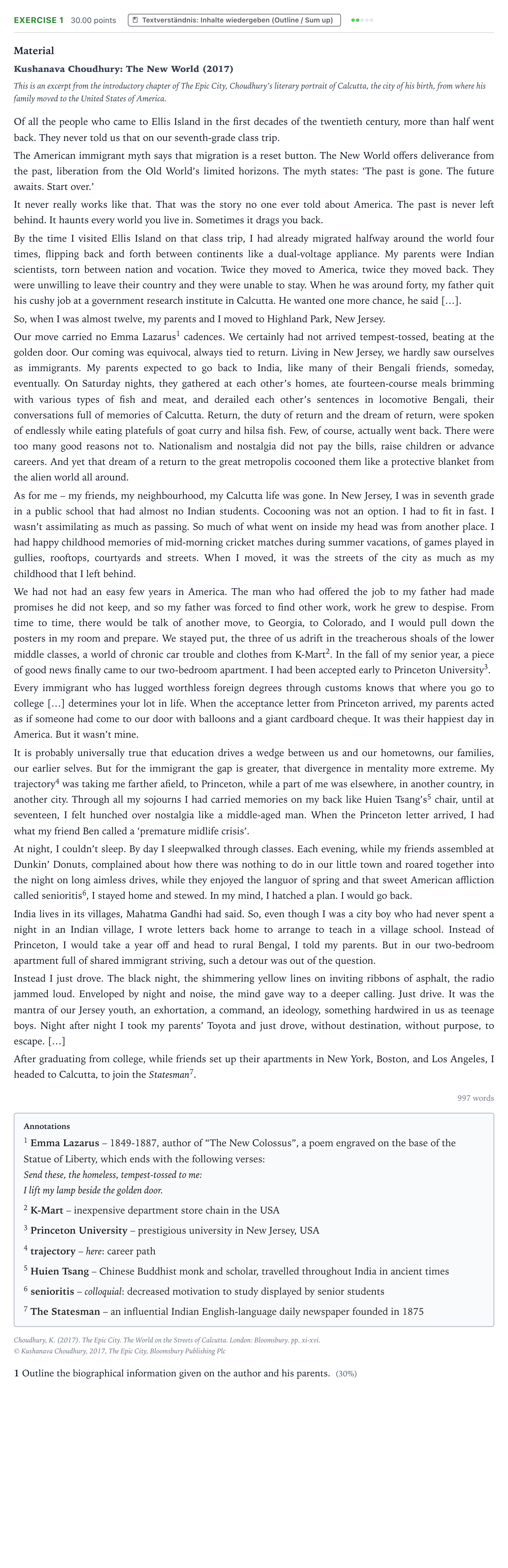 Aufgabenstellung: Aufgabe 1 · Abitur NRW Englisch LK · Choudhury: The Epic City. The World 2021
