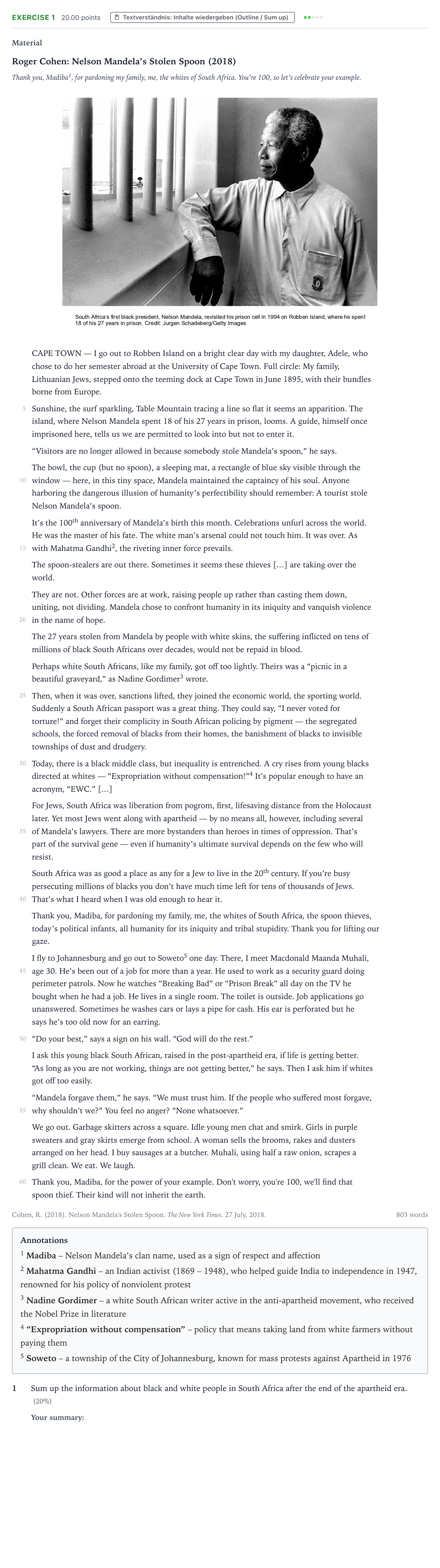 Aufgabenstellung: Aufgabe 1 · Abitur NRW Englisch LK · Cohen: Nelson Mandela’s Stolen Spoo 2021