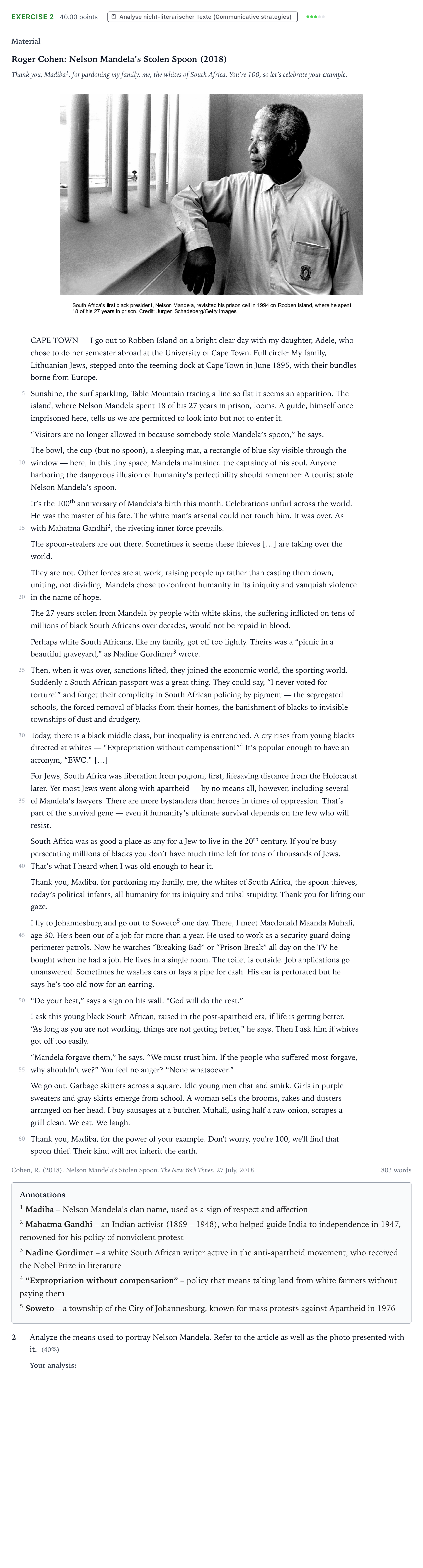 Aufgabenstellung: Aufgabe 2 · Abitur NRW Englisch LK · Cohen: Nelson Mandela’s Stolen Spoo 2021