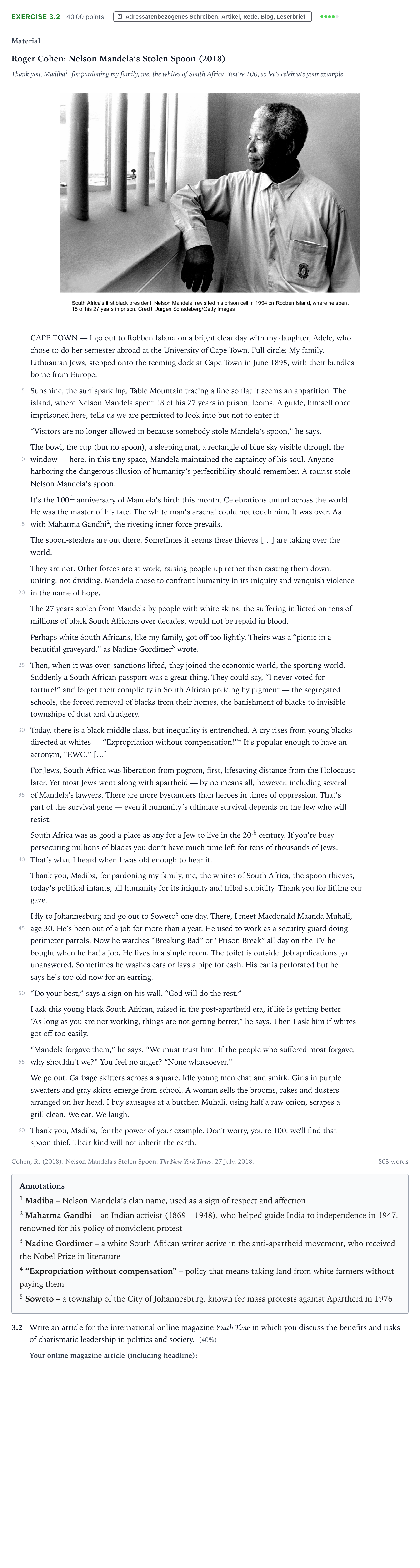 Aufgabenstellung: Aufgabe 3.2 · Abitur NRW Englisch LK · Cohen: Nelson Mandela’s Stolen Spoo 2021