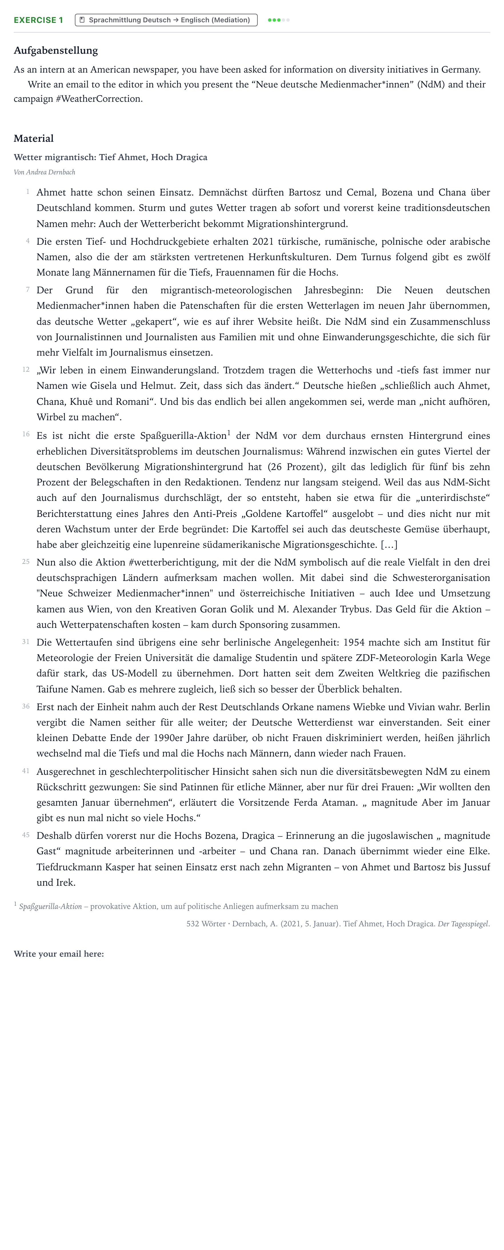 Aufgabenstellung: Aufgabe 1 · Abitur NRW Englisch GK · Dernbach: Tief Ahmet, Hoch Dragica 2023