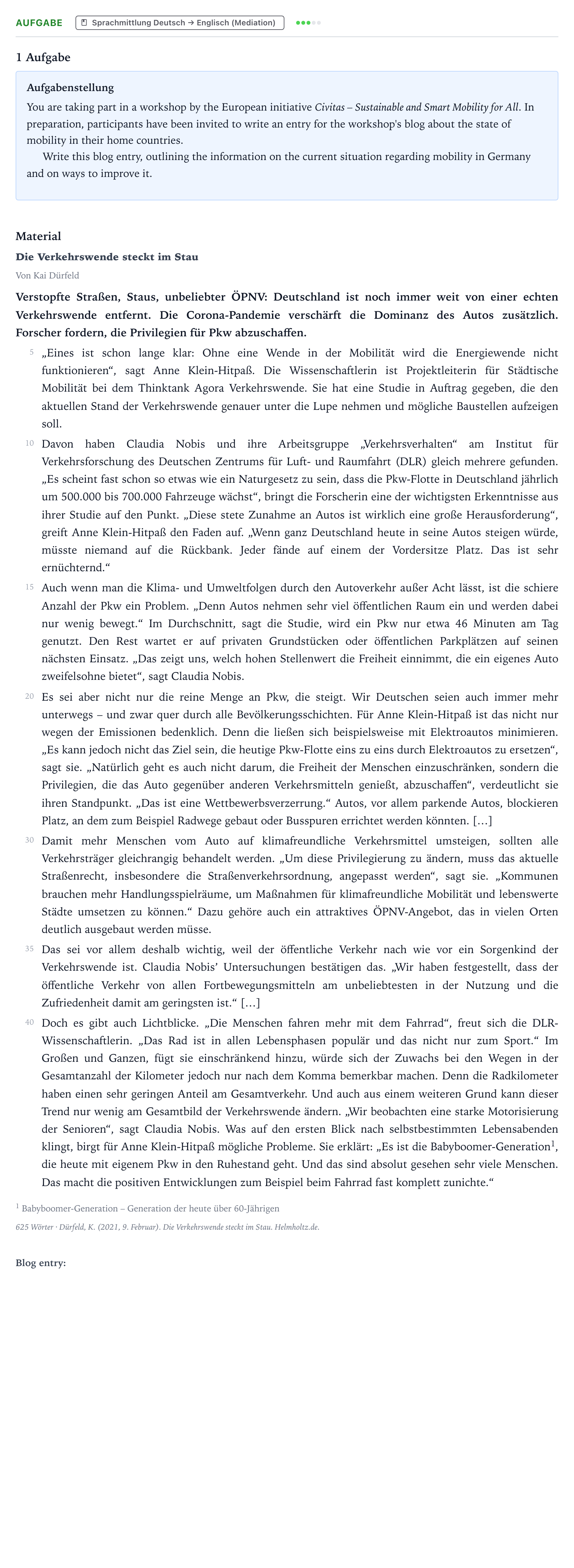 Aufgabenstellung: Aufgabe · Abitur NRW Englisch LK · Dürfeld: Die Verkehrswende steckt i 2024