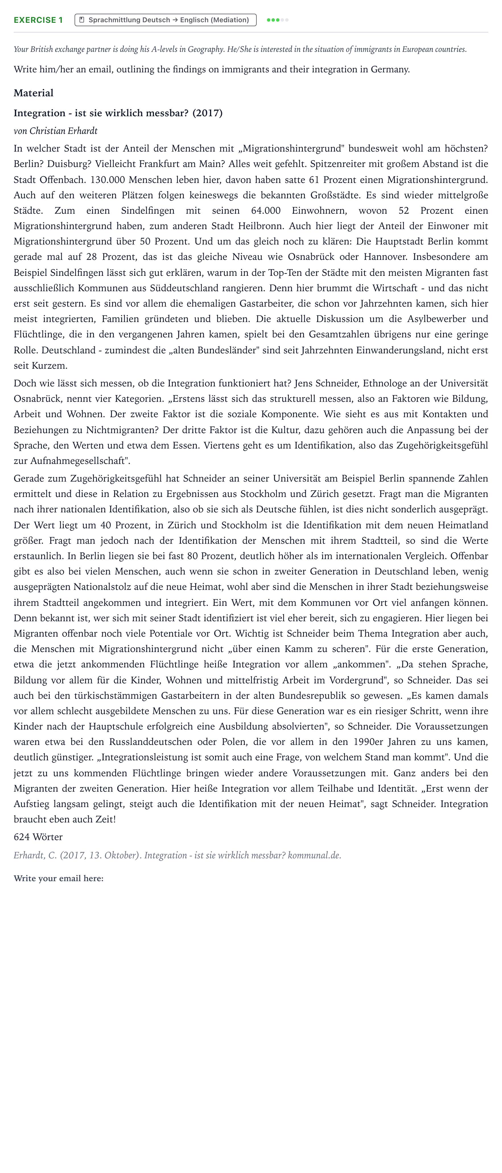 Aufgabenstellung: Aufgabe 1 · Abitur NRW Englisch LK · Erhardt: Integration - ist sie wirk 2021