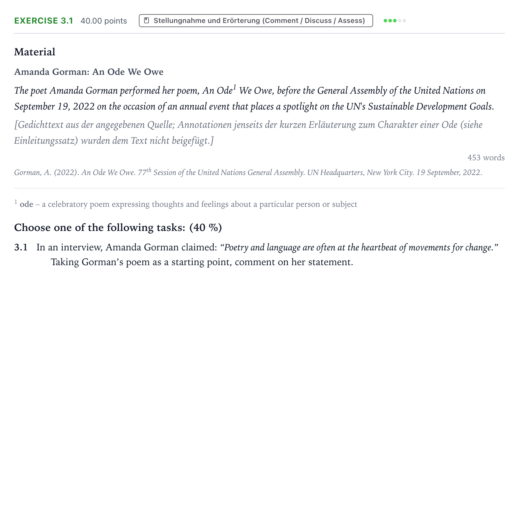 Aufgabenstellung: Aufgabe 3.1 · Abitur NRW Englisch LK · Gorman: An Ode We Owe 2026