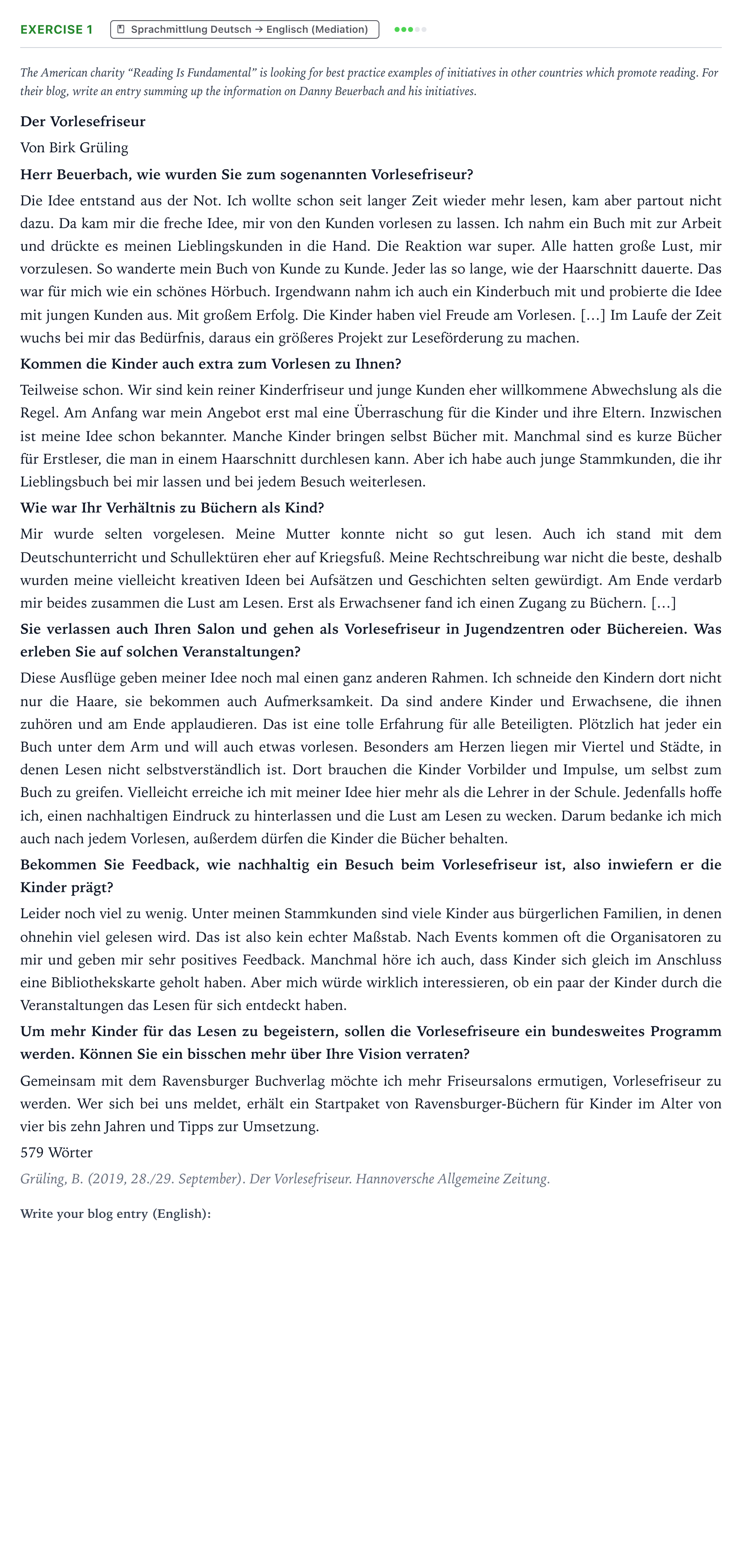 Aufgabenstellung: Aufgabe 1 · Abitur NRW Englisch GK · Grüling: Der Vorlesefriseur 2022