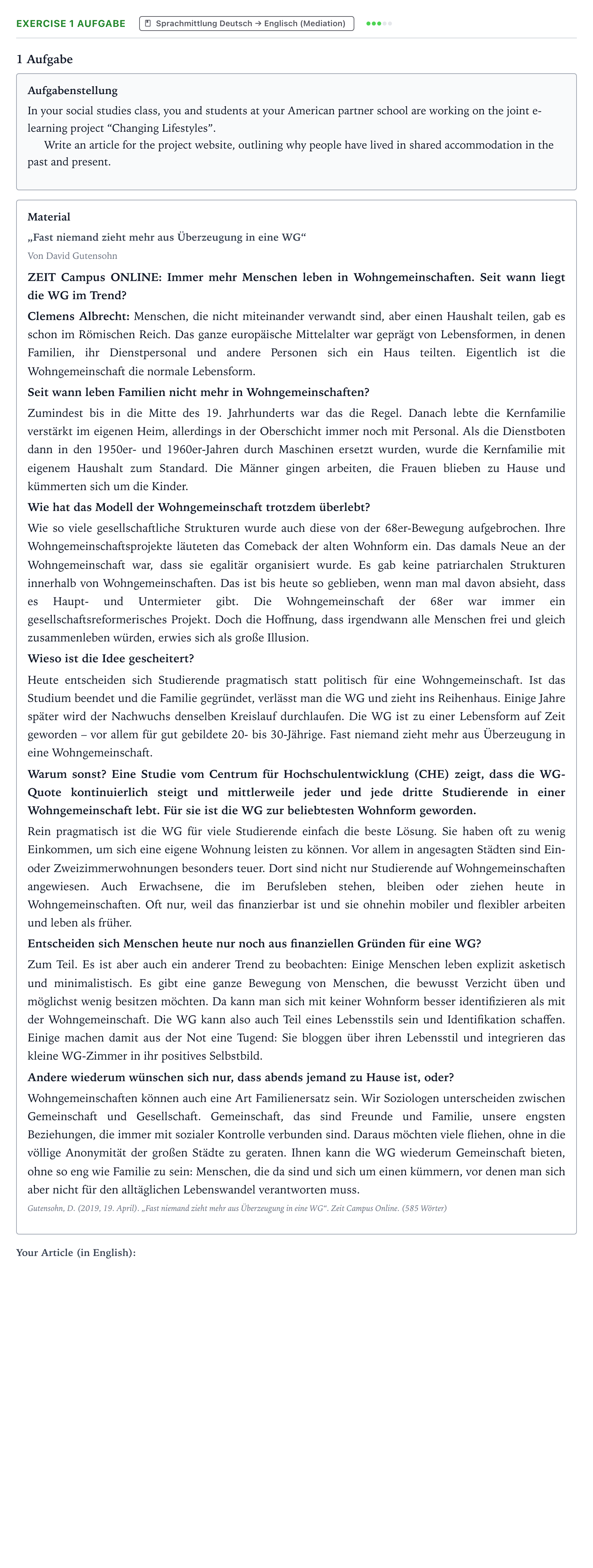 Aufgabenstellung: Aufgabe 1 Aufgabe · Abitur NRW Englisch GK · Gutensohn: „Fast niemand zieht mehr 2022