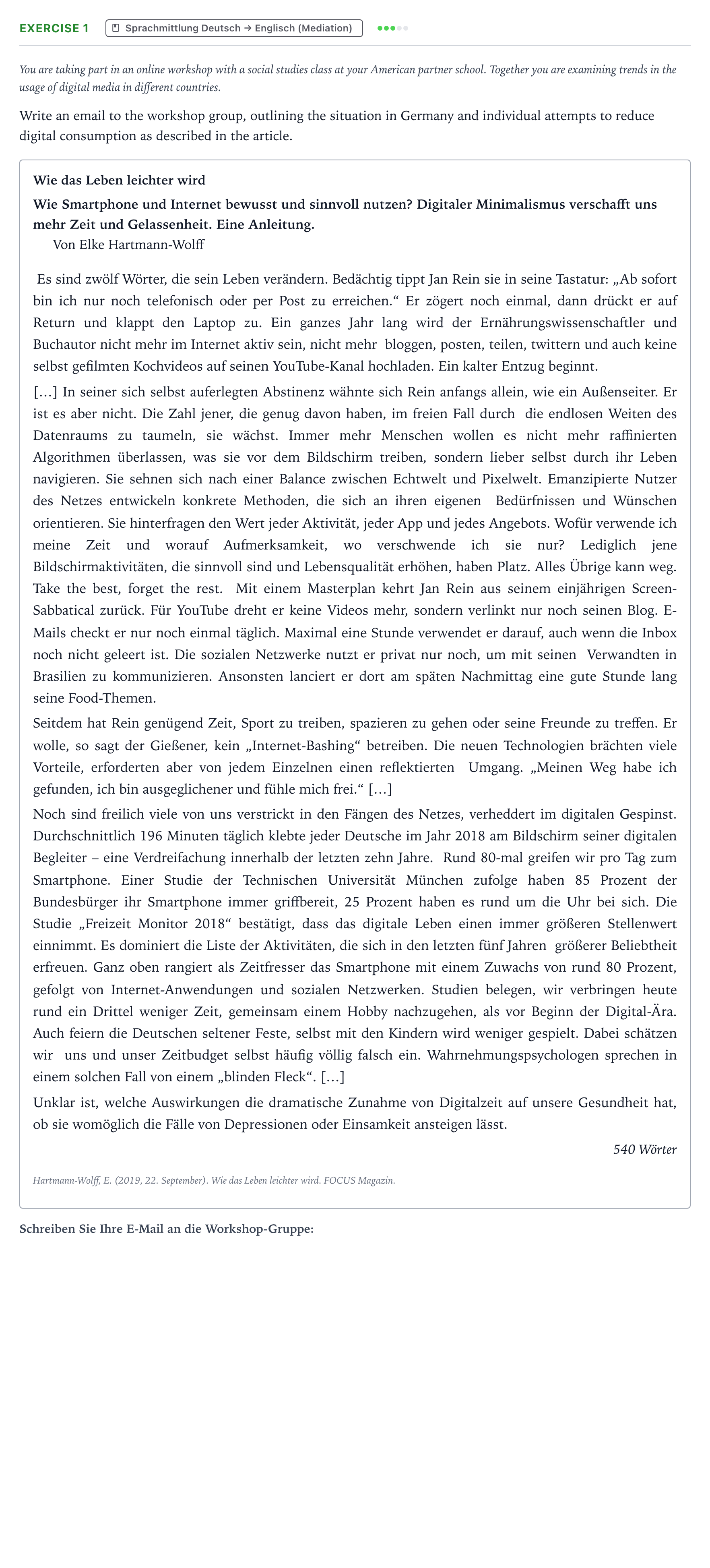 Aufgabenstellung: Aufgabe 1 · Abitur NRW Englisch GK · Hartmann-Wolff: Wie das Leben leich 2022