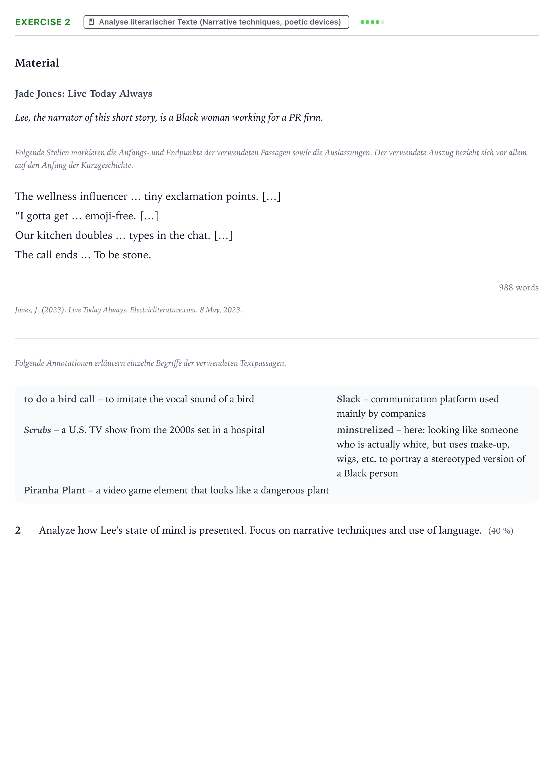 Aufgabenstellung: Aufgabe 2 · Abitur NRW Englisch LK · Jones: Live Today Always 2026