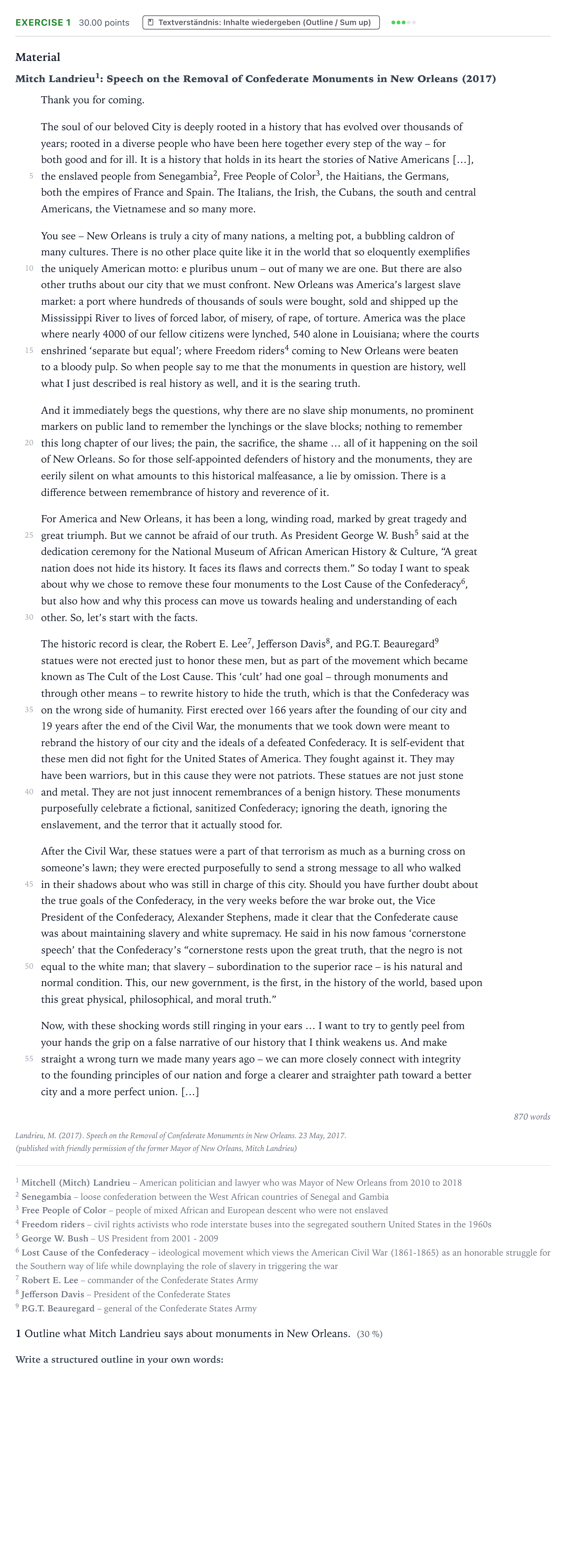 Aufgabenstellung: Aufgabe 1 · Abitur NRW Englisch LK · Landrieu: Speech on the Removal of 2020
