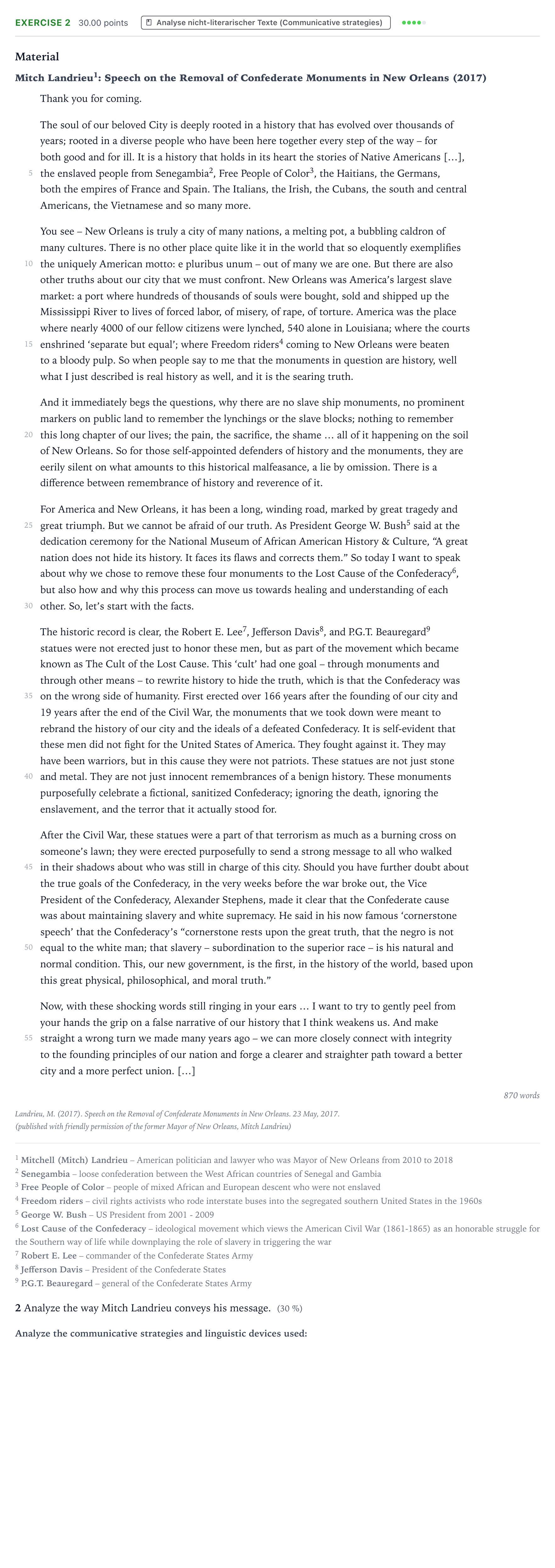 Aufgabenstellung: Aufgabe 2 · Abitur NRW Englisch LK · Landrieu: Speech on the Removal of 2020