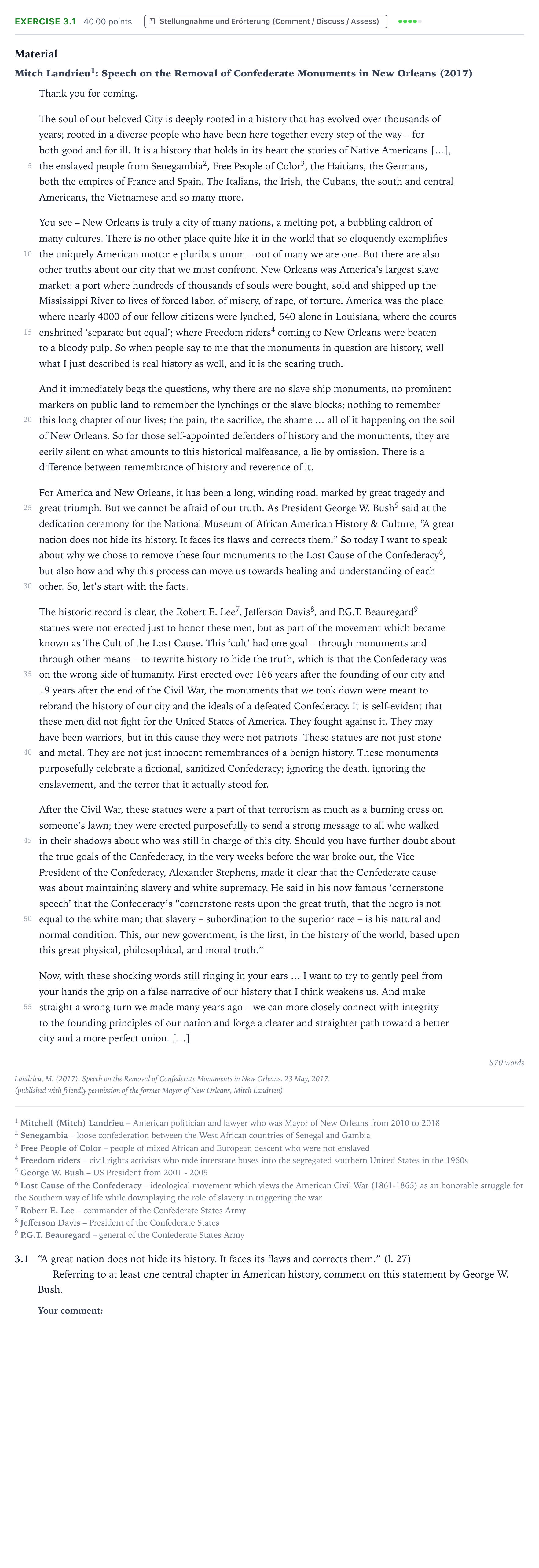Aufgabenstellung: Aufgabe 3.1 · Abitur NRW Englisch LK · Landrieu: Speech on the Removal of 2020