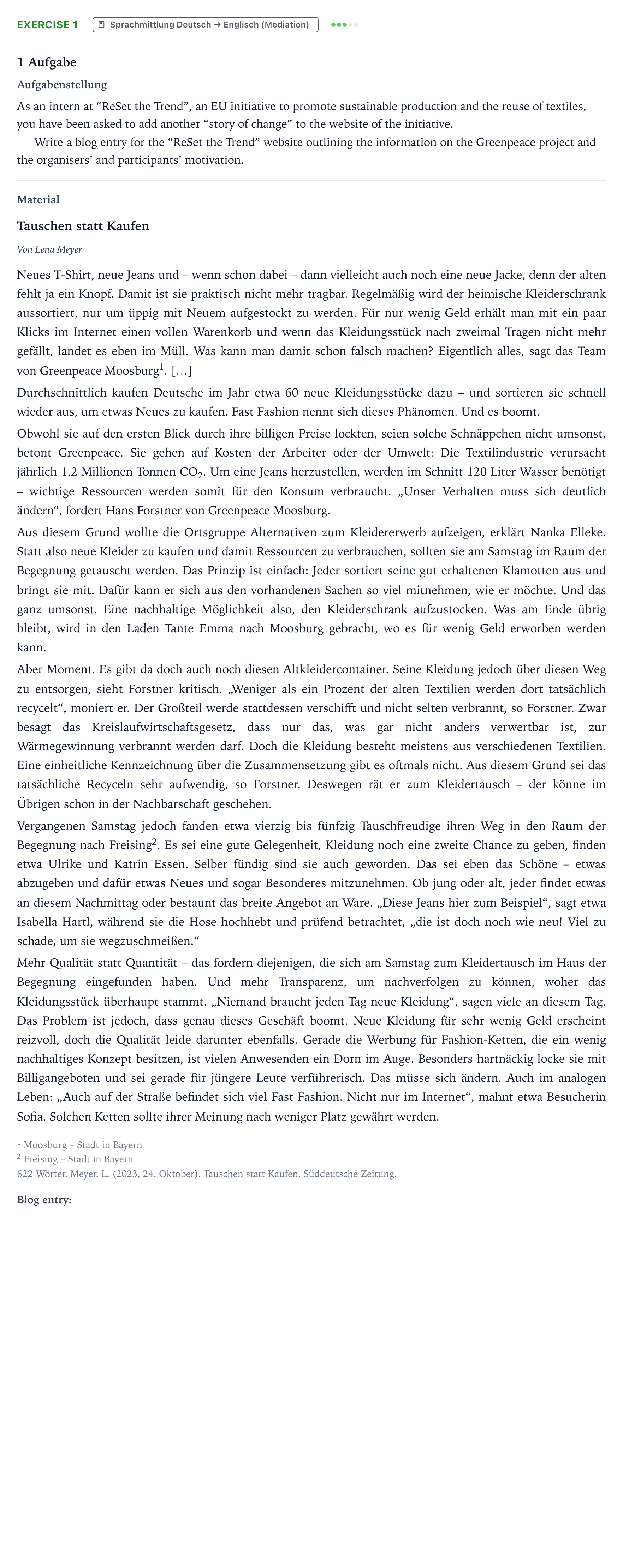 Aufgabenstellung: Aufgabe 1 · Abitur NRW Englisch GK · Meyer: Tauschen statt Kaufen 2026