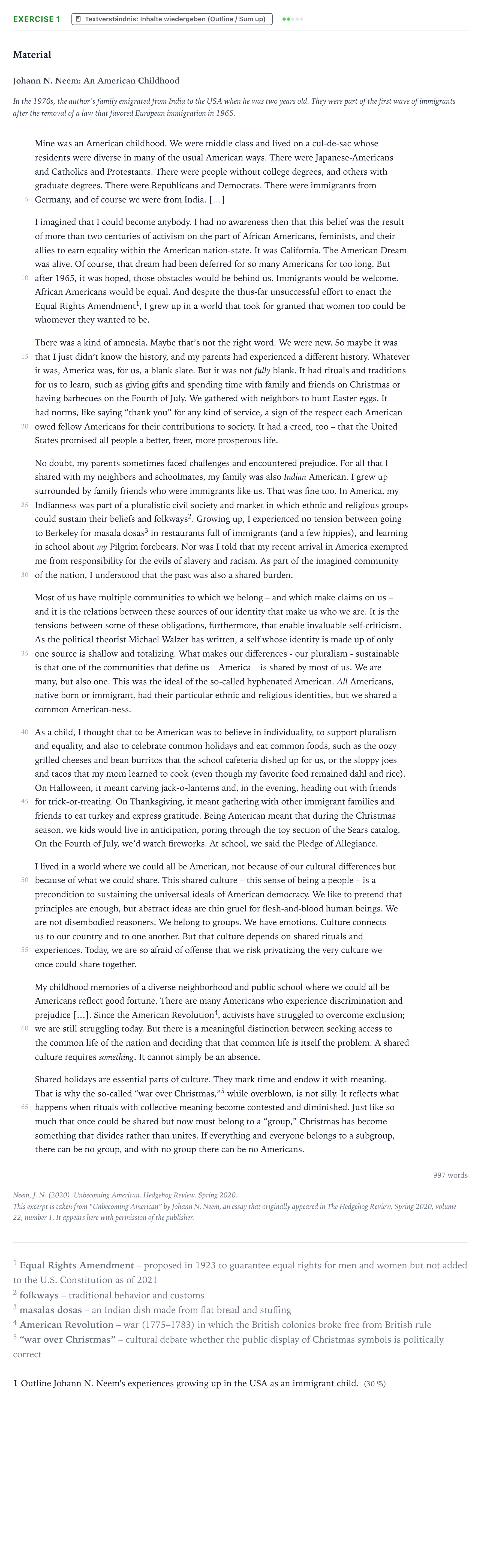 Aufgabenstellung: Aufgabe 1 · Abitur NRW Englisch LK · Neem: Unbecoming American 2023