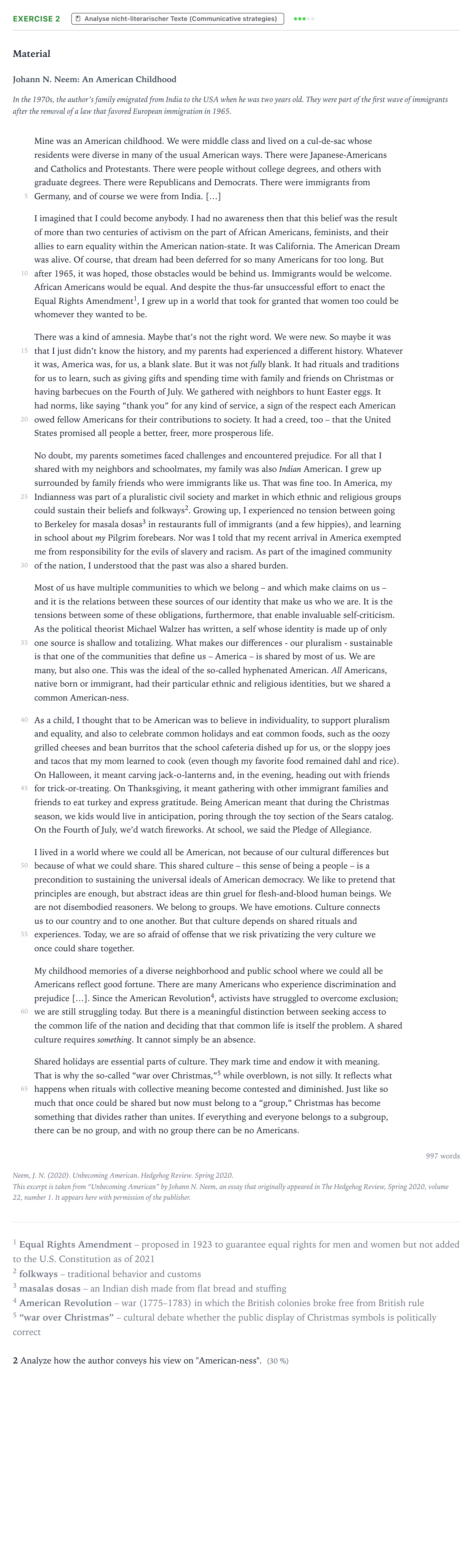 Aufgabenstellung: Aufgabe 2 · Abitur NRW Englisch LK · Neem: Unbecoming American 2023