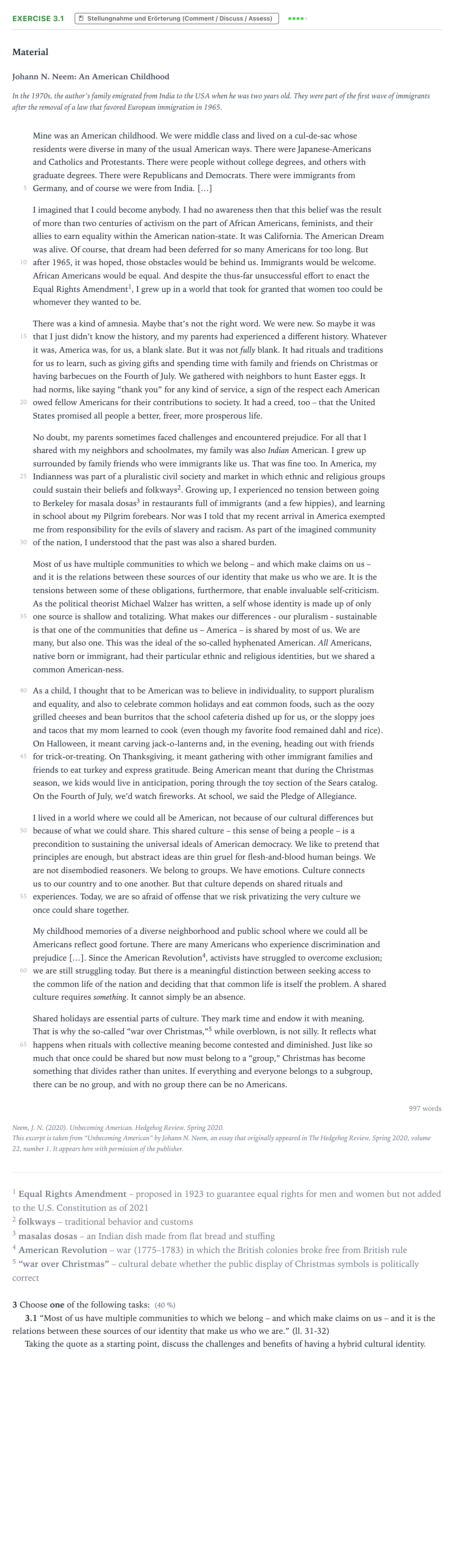 Aufgabenstellung: Aufgabe 3.1 · Abitur NRW Englisch LK · Neem: Unbecoming American 2023