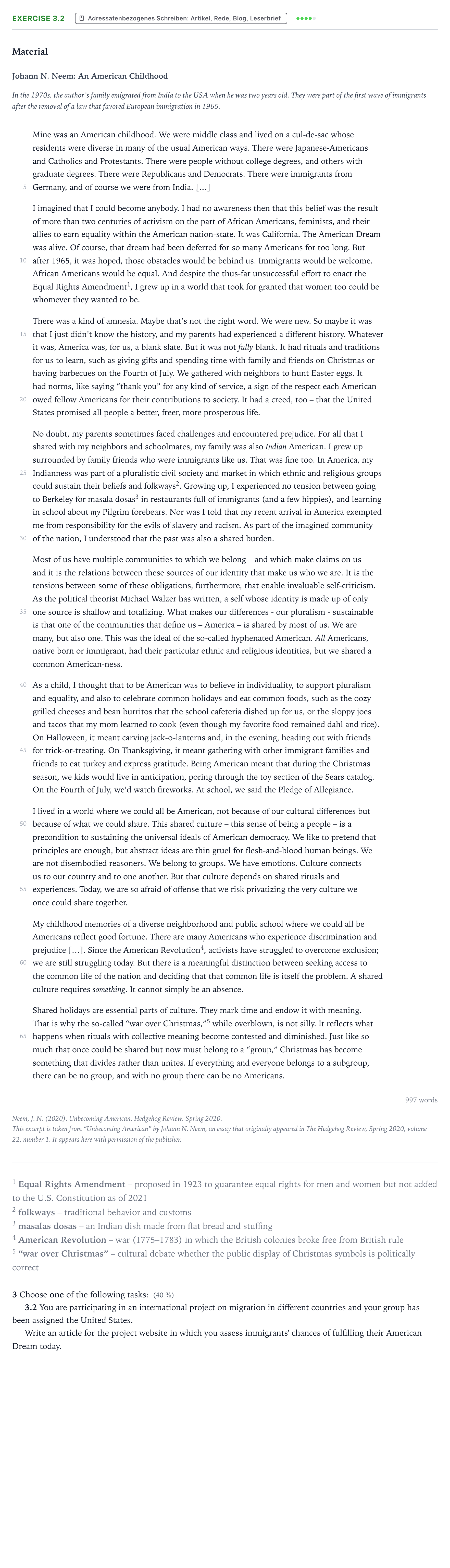 Aufgabenstellung: Aufgabe 3.2 · Abitur NRW Englisch LK · Neem: Unbecoming American 2023