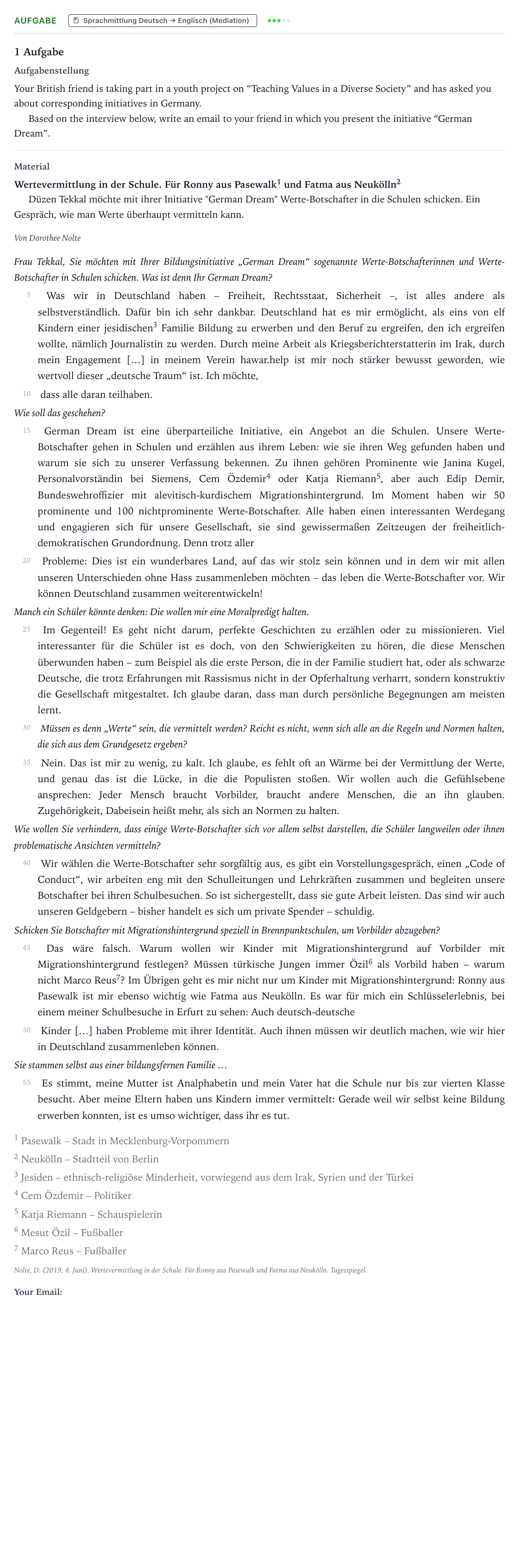 Aufgabenstellung: Aufgabe · Abitur NRW Englisch LK · Nolte: Wertevermittlung in der Schu 2022