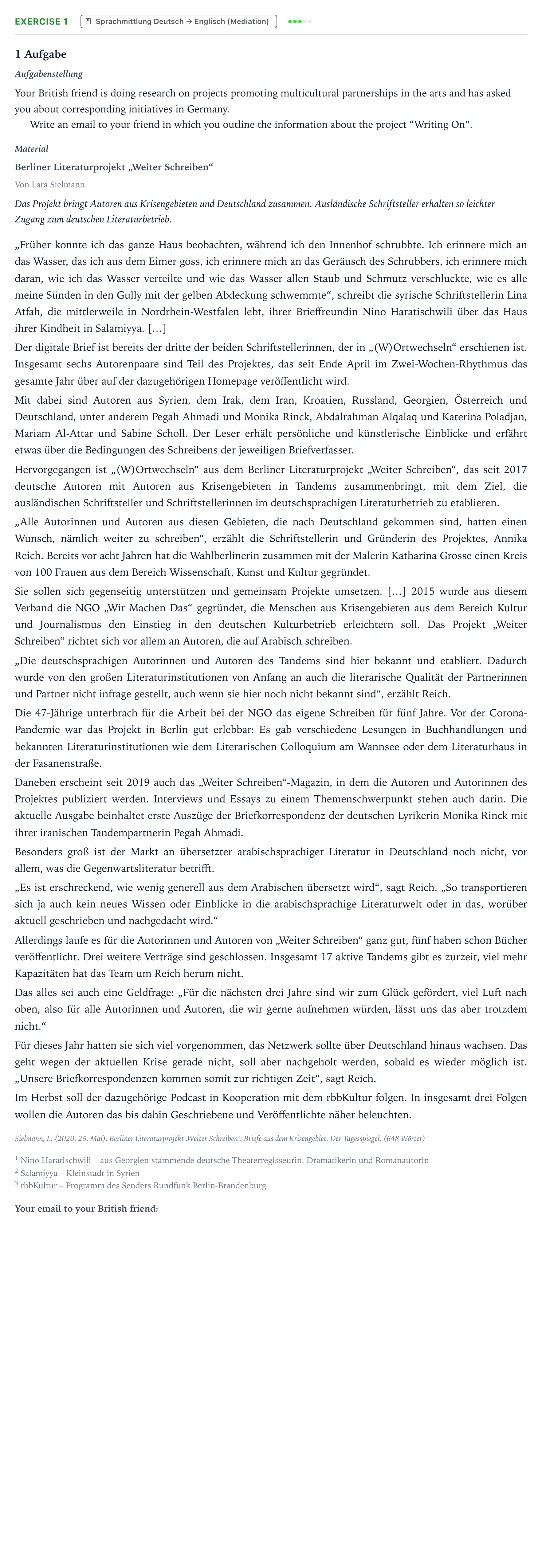 Aufgabenstellung: Aufgabe 1 · Abitur NRW Englisch LK · Sielmann: Berliner Literaturprojekt 2023