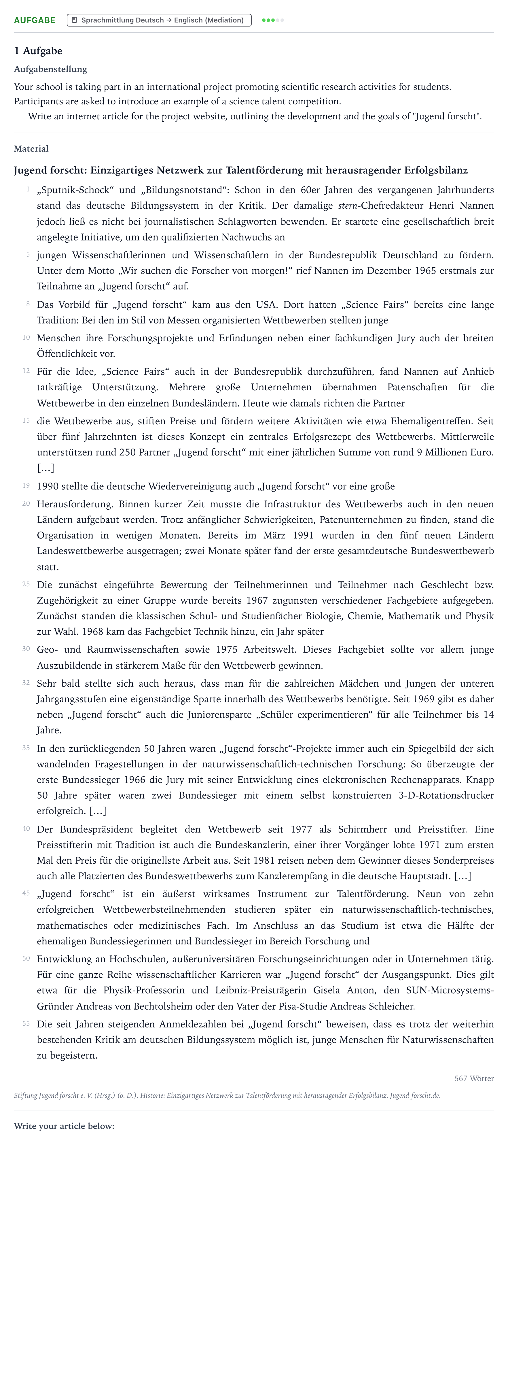 Aufgabenstellung: Aufgabe · Abitur NRW Englisch GK · Stiftung Jugend forscht e. V.: Hist 2023