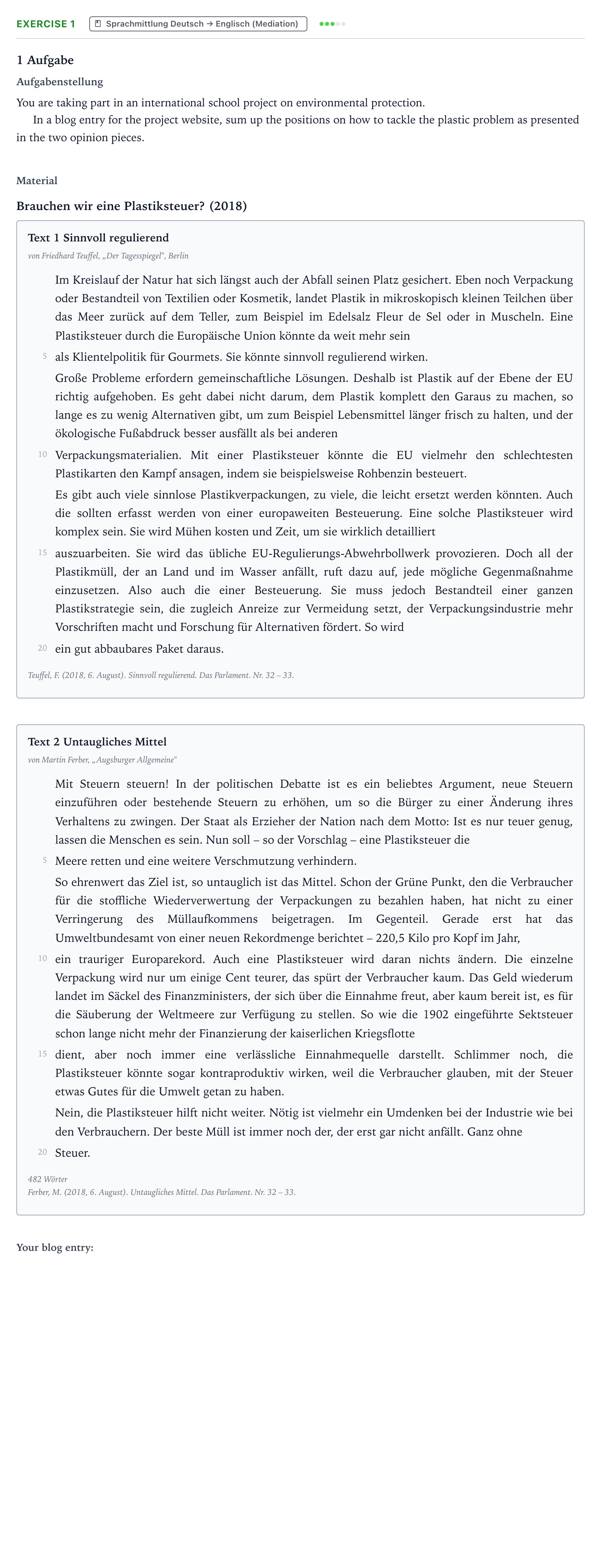 Aufgabenstellung: Aufgabe 1 · Abitur NRW Englisch GK · Teuffel: Sinnvoll regulierend/Ferbe 2021