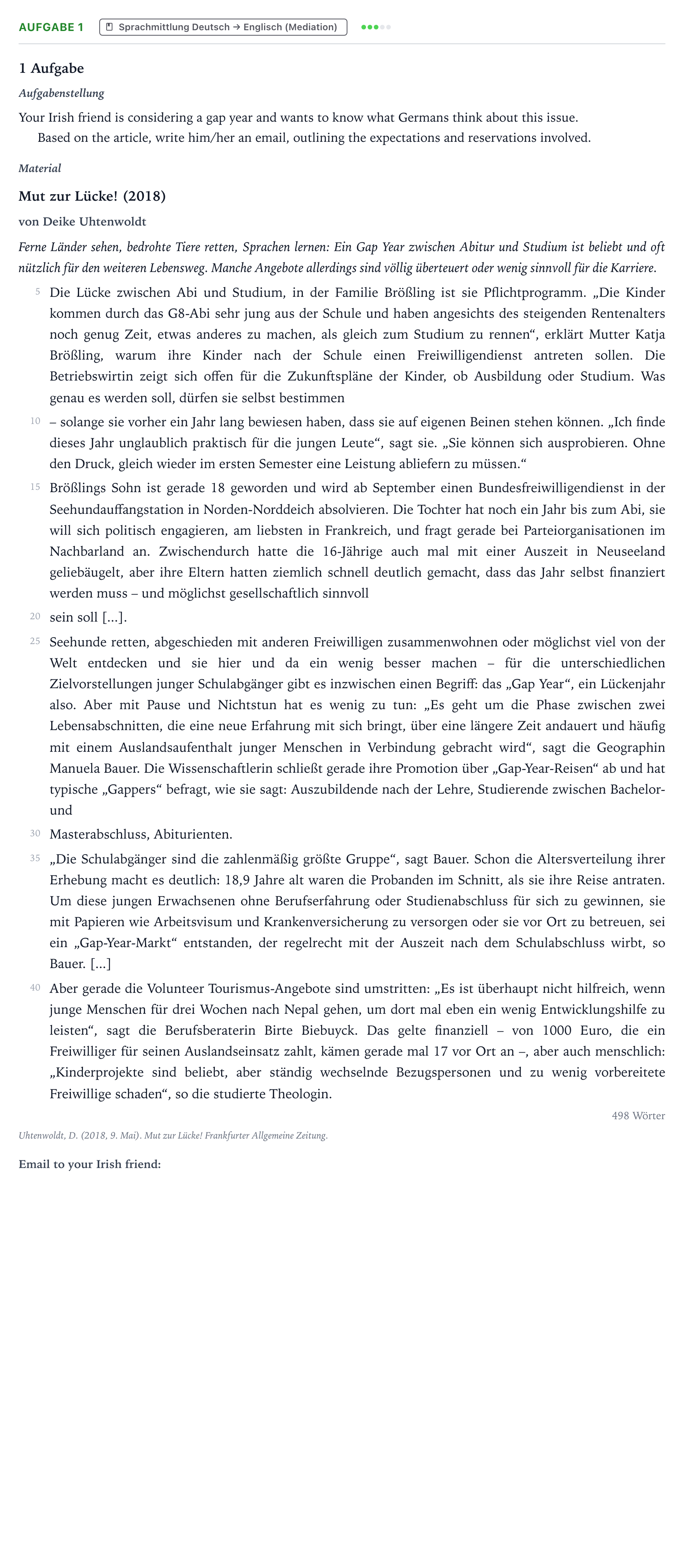 Aufgabenstellung: Aufgabe 1 · Abitur NRW Englisch GK · Uhtenwoldt: Mut zur Lücke! 2021