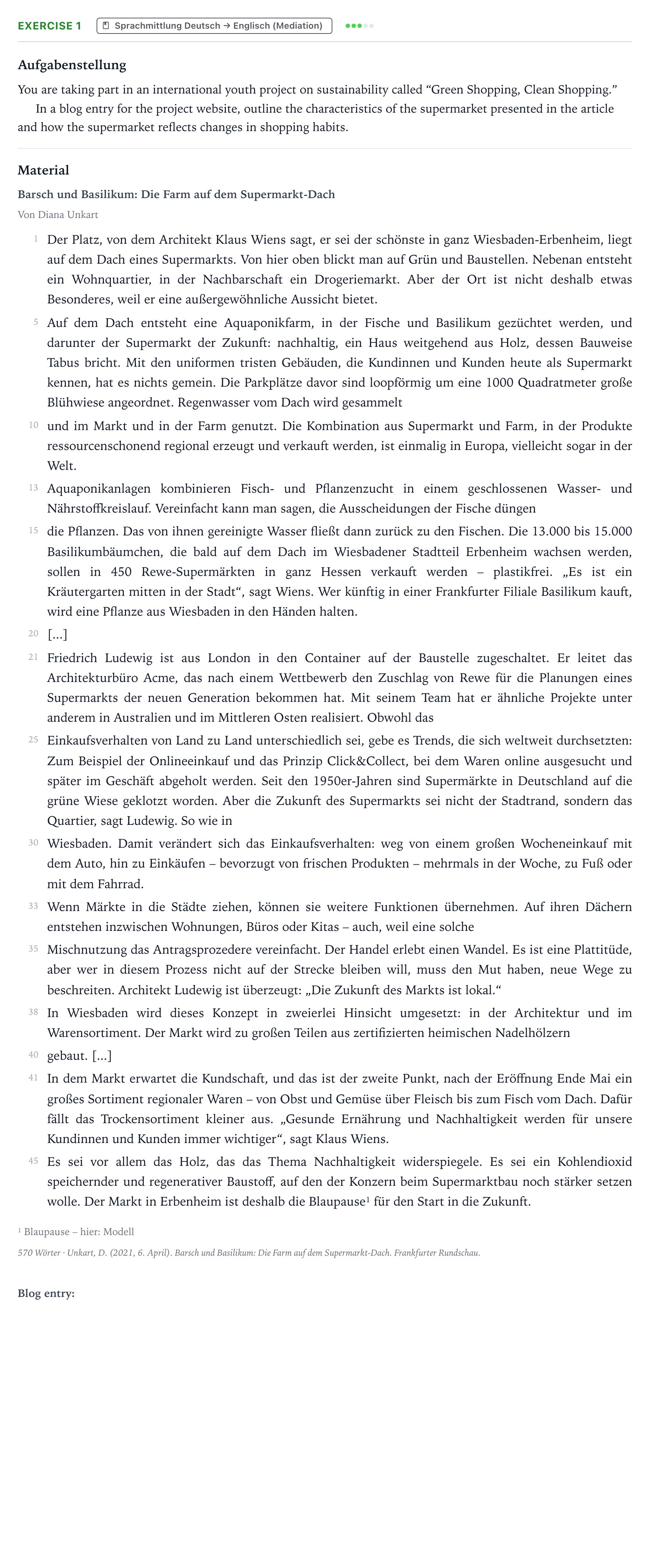 Aufgabenstellung: Aufgabe 1 · Abitur NRW Englisch GK · Unkart: Barsch und Basilikum: Die F 2024