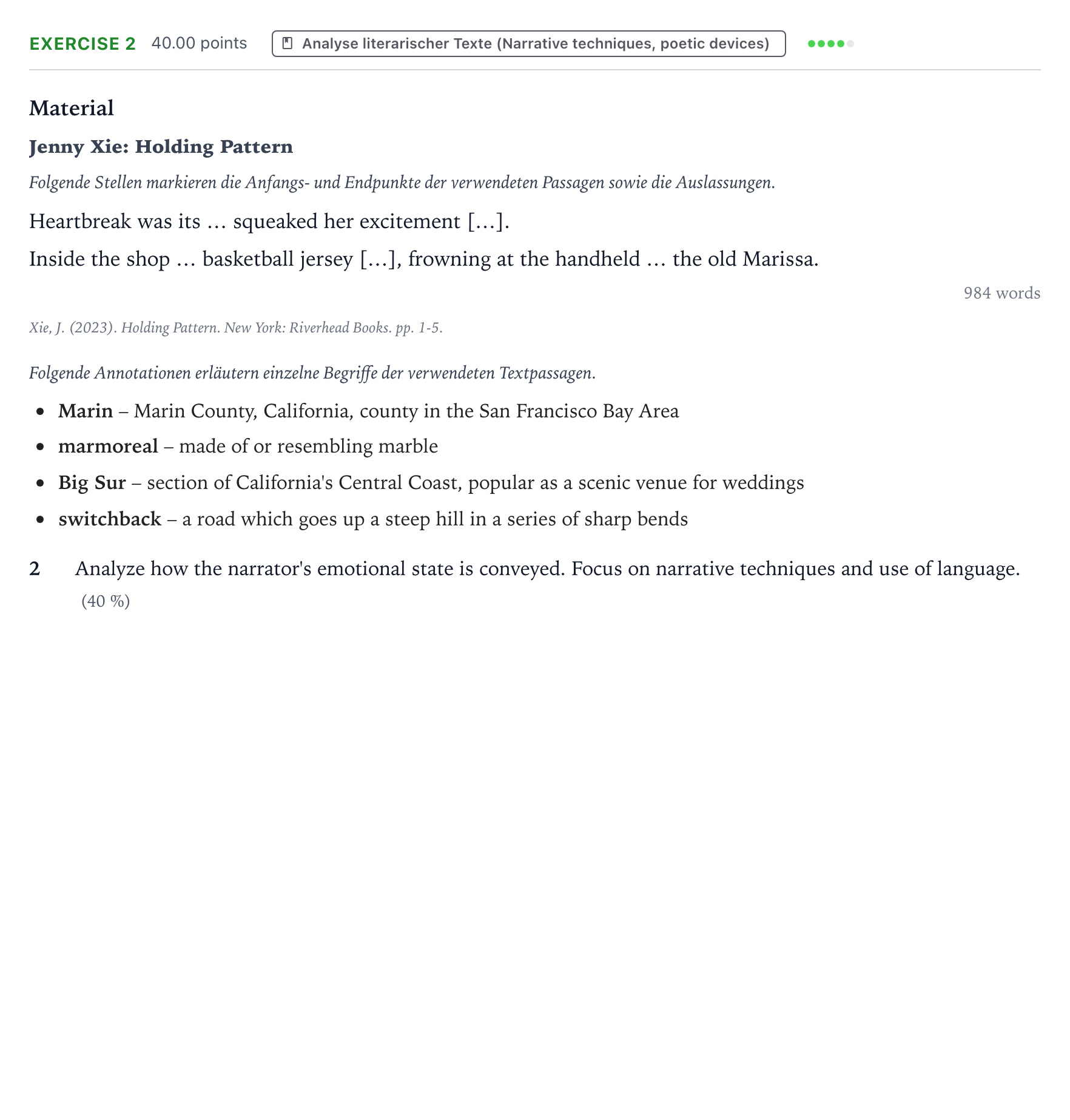 Aufgabenstellung: Aufgabe 2 · Abitur NRW Englisch LK · Xie: Holding Pattern 2026