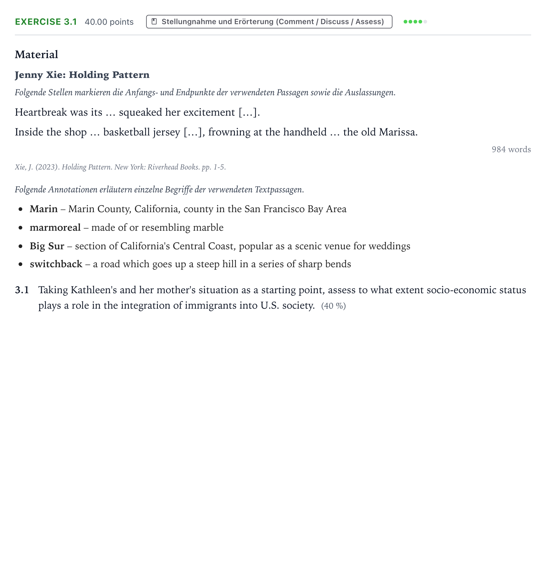 Aufgabenstellung: Aufgabe 3.1 · Abitur NRW Englisch LK · Xie: Holding Pattern 2026