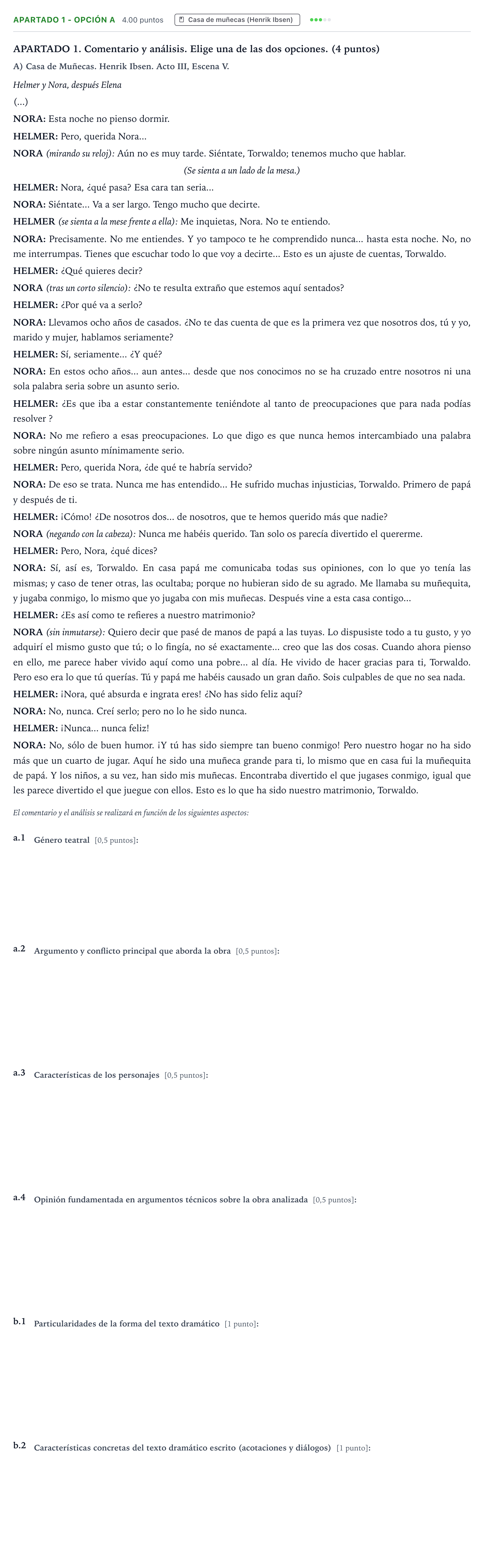 Enunciado: Apartado 1 - Opción A · Literatura Dramática PAU País Vasco Ordinaria 2026