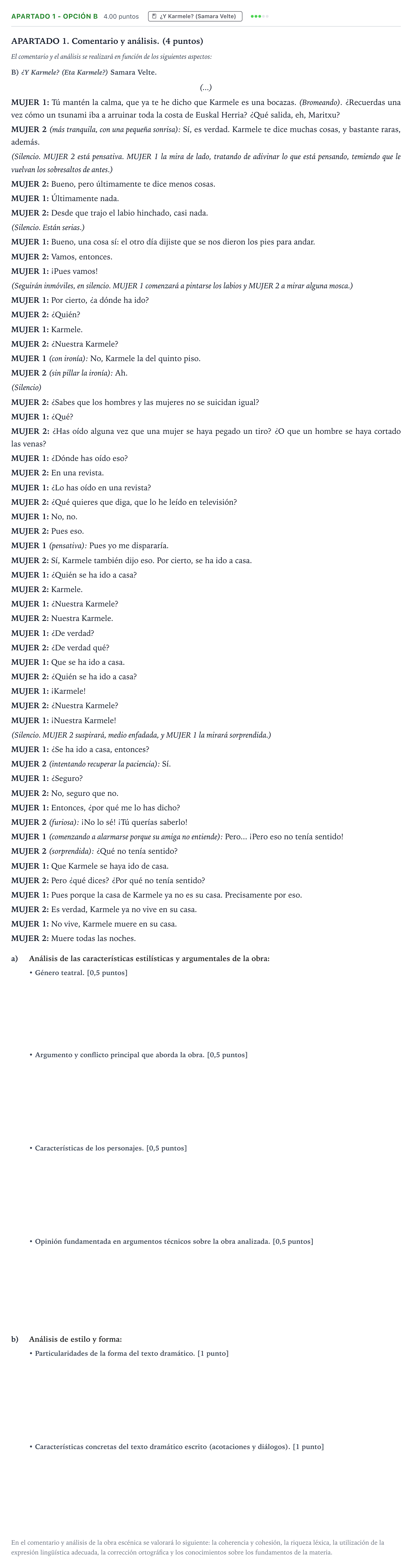 Enunciado: Apartado 1 - Opción B · Literatura Dramática PAU País Vasco Ordinaria 2026