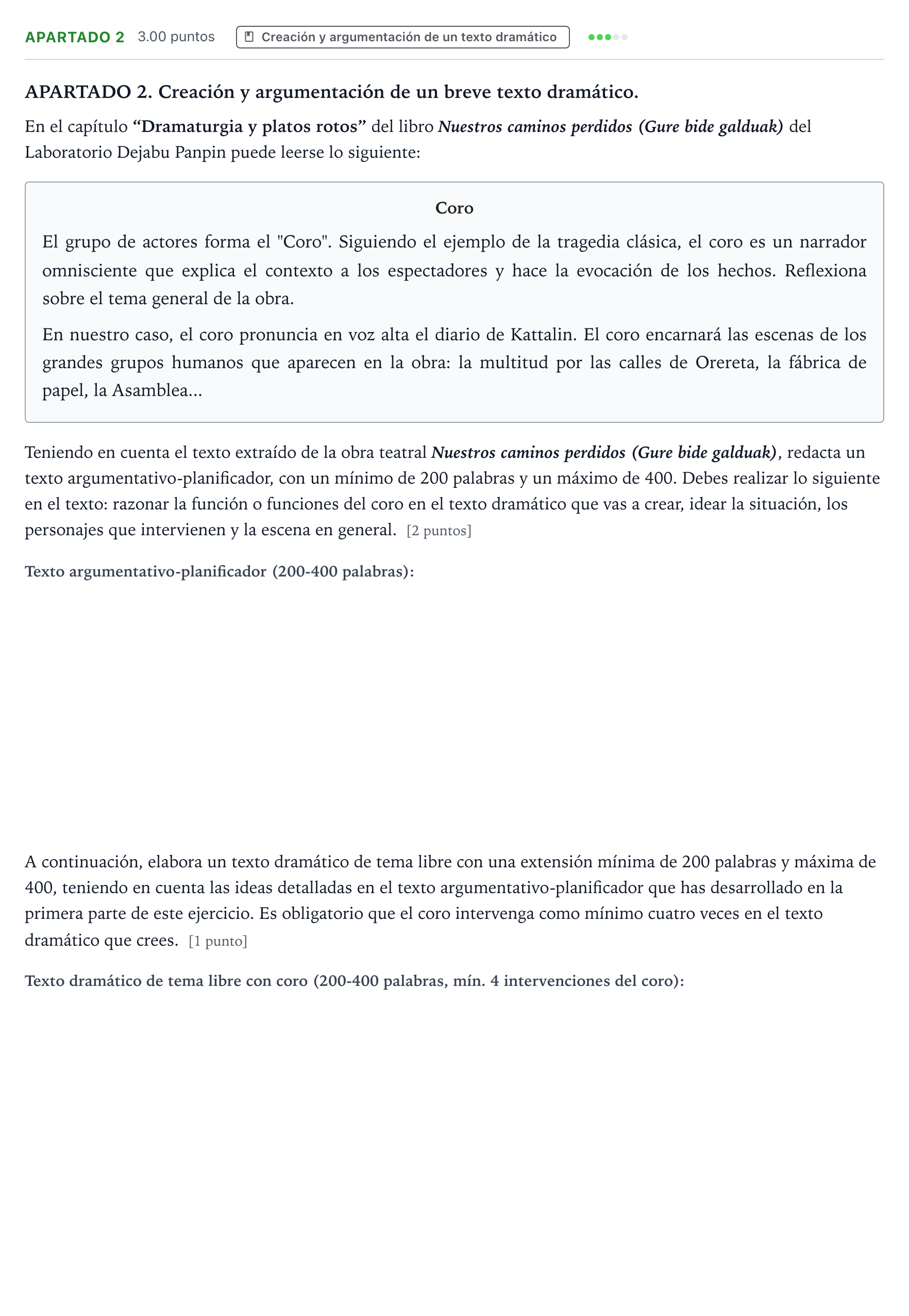 Enunciado: Apartado 2 · Literatura Dramática PAU País Vasco Ordinaria 2026