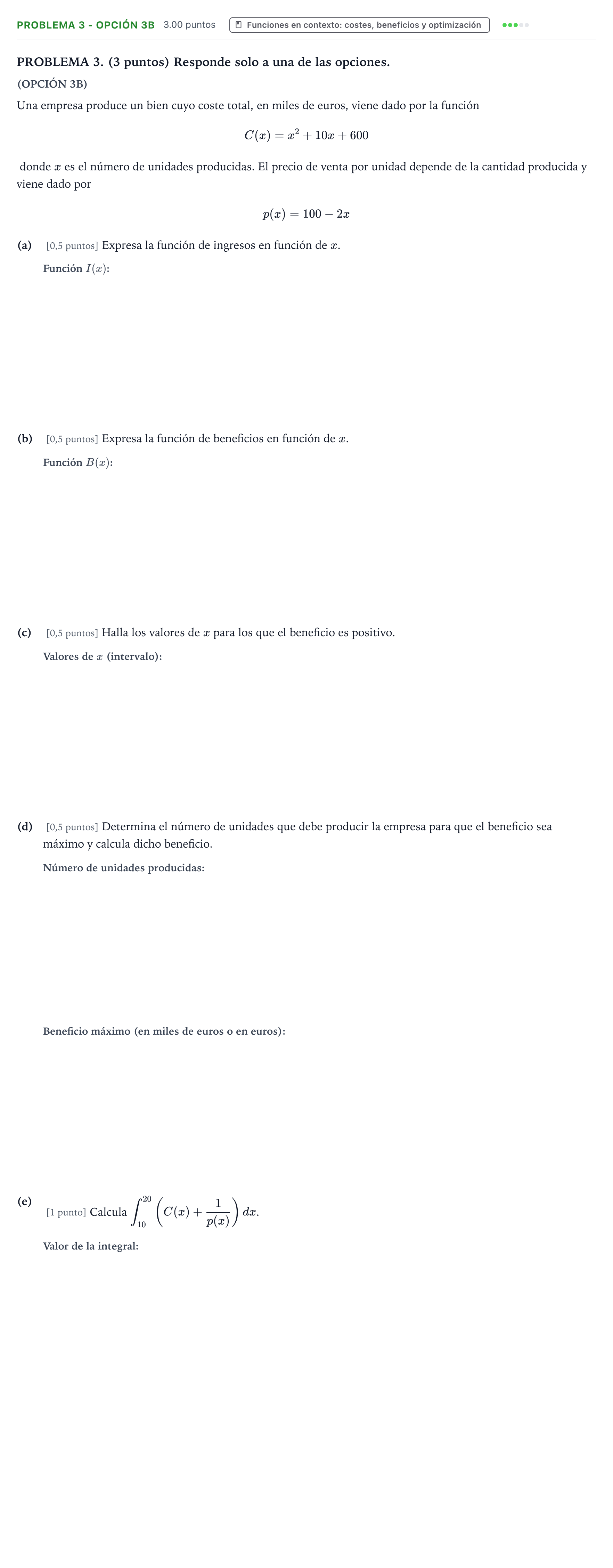 Enunciado: PROBLEMA 3 - OPCIÓN 3B · Matemáticas aplicadas a las Ciencias Sociales II PAU País Vasco Extraordinaria 2026