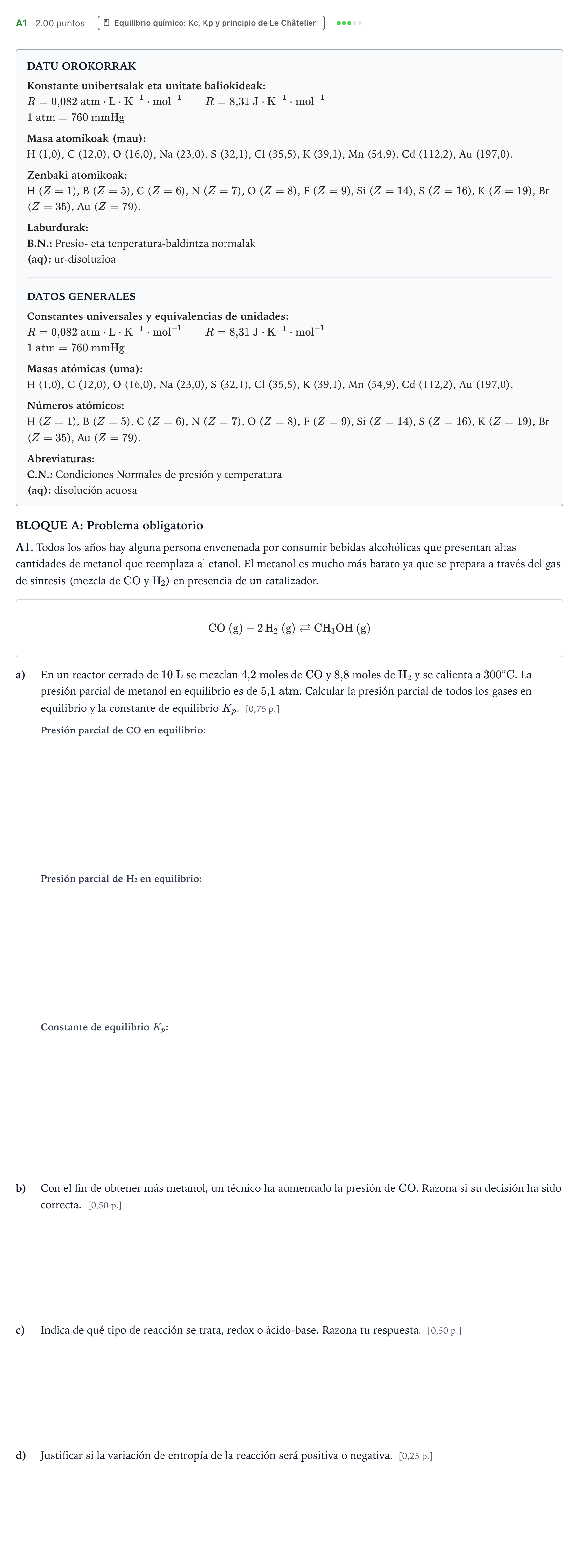Enunciado: Ejercicio A1 · Química PAU País Vasco Extraordinaria 2026