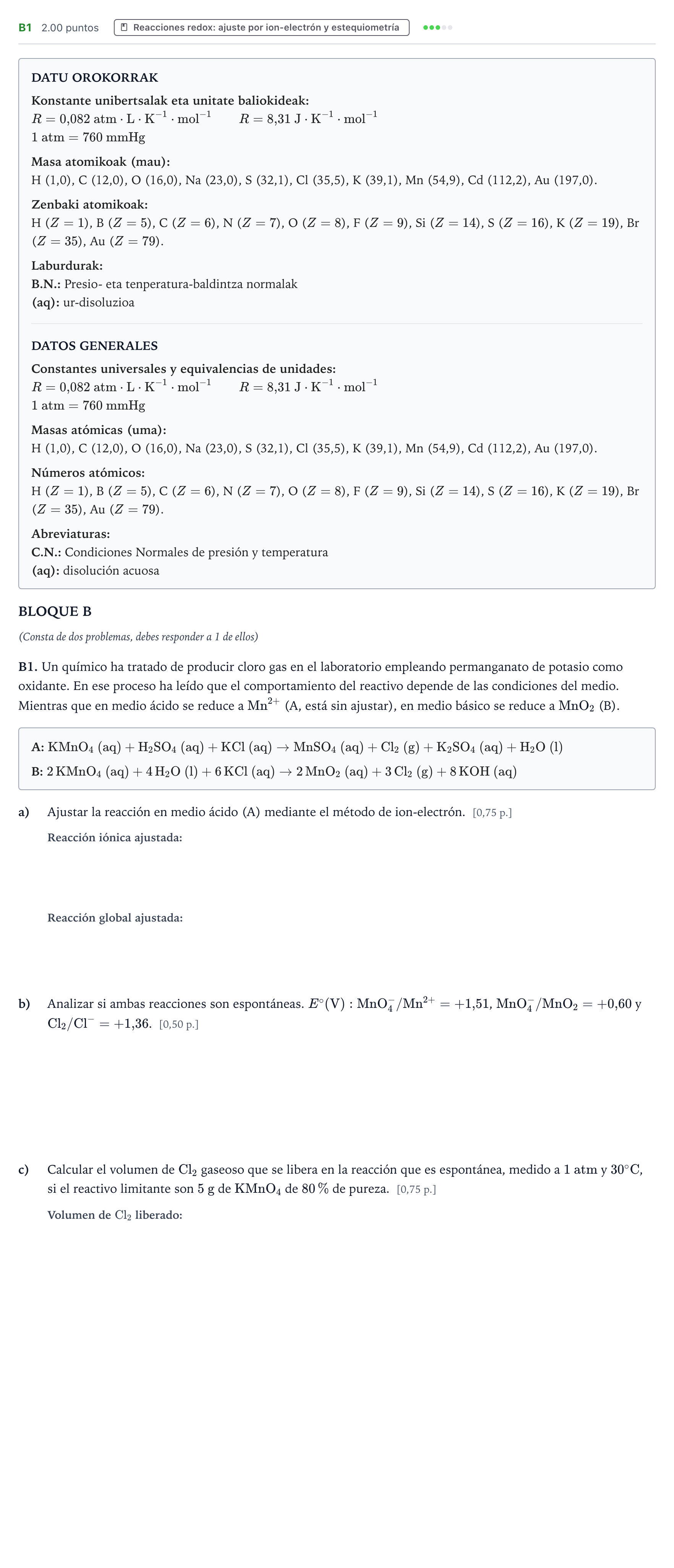 Enunciado: Ejercicio B1 · Química PAU País Vasco Extraordinaria 2026