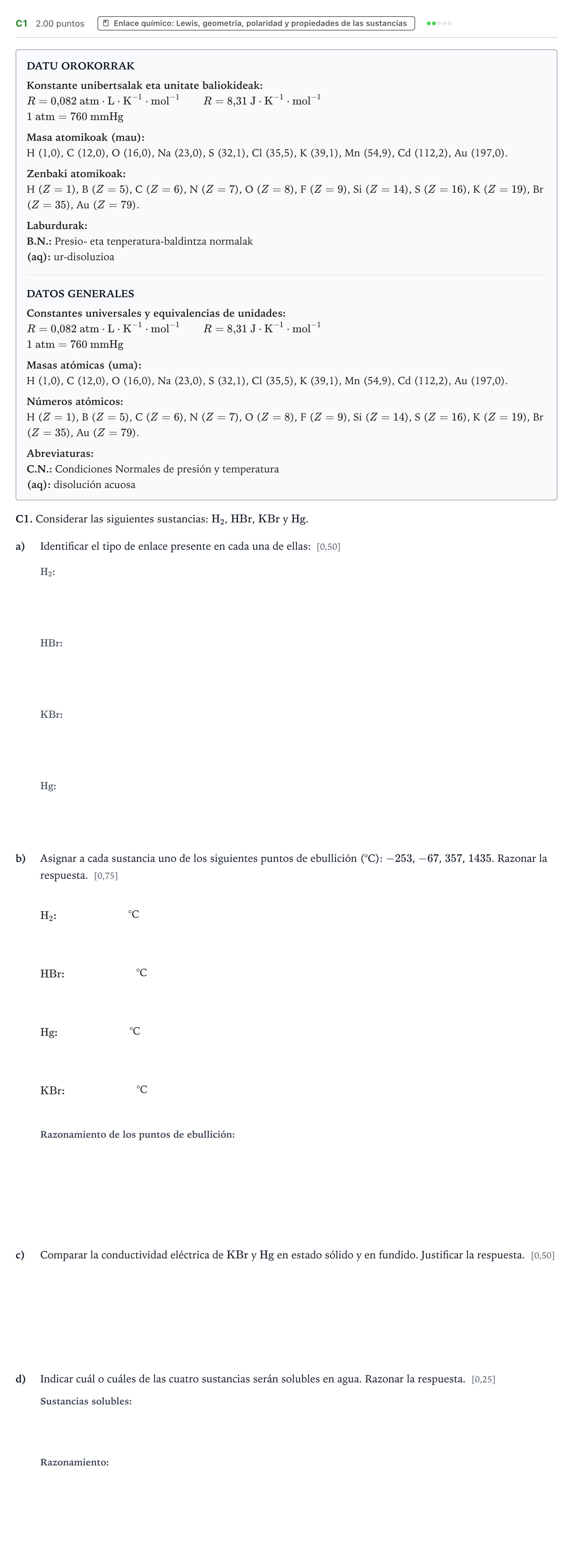 Enunciado: Ejercicio C1 · Química PAU País Vasco Extraordinaria 2026