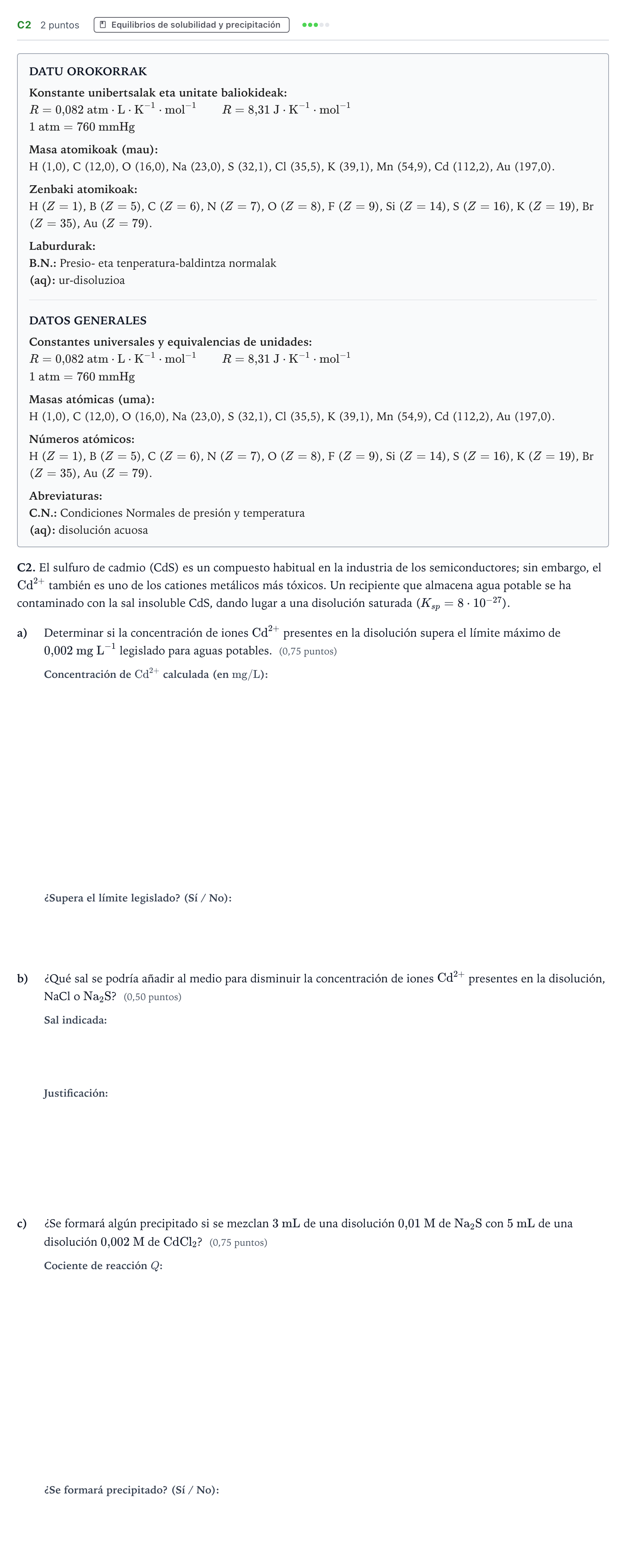 Enunciado: Ejercicio C2 · Química PAU País Vasco Extraordinaria 2026