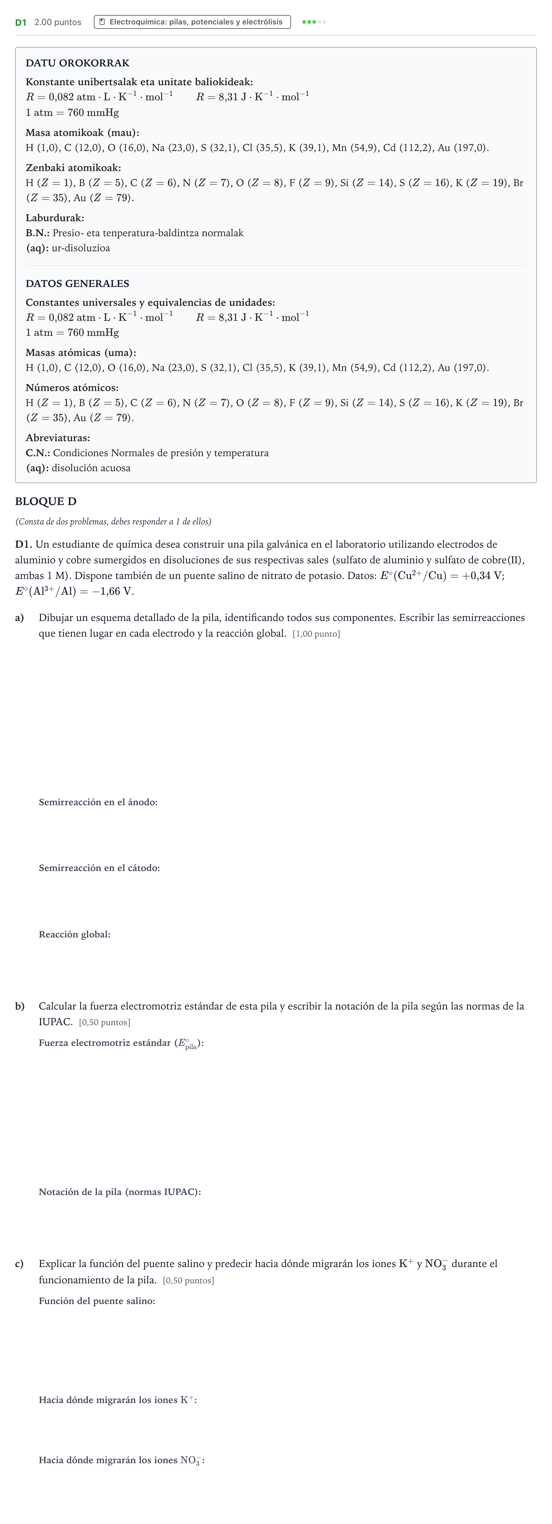 Enunciado: Ejercicio D1 · Química PAU País Vasco Extraordinaria 2026