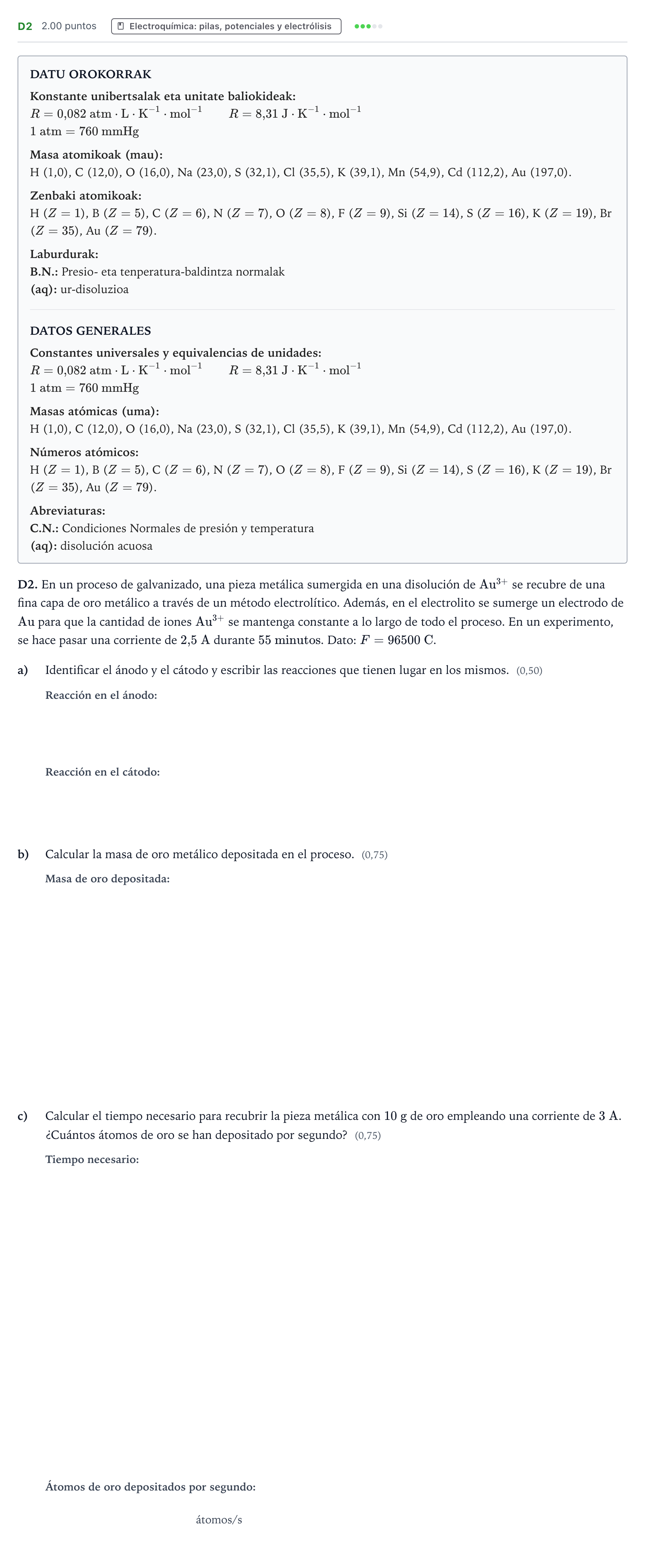 Enunciado: Ejercicio D2 · Química PAU País Vasco Extraordinaria 2026