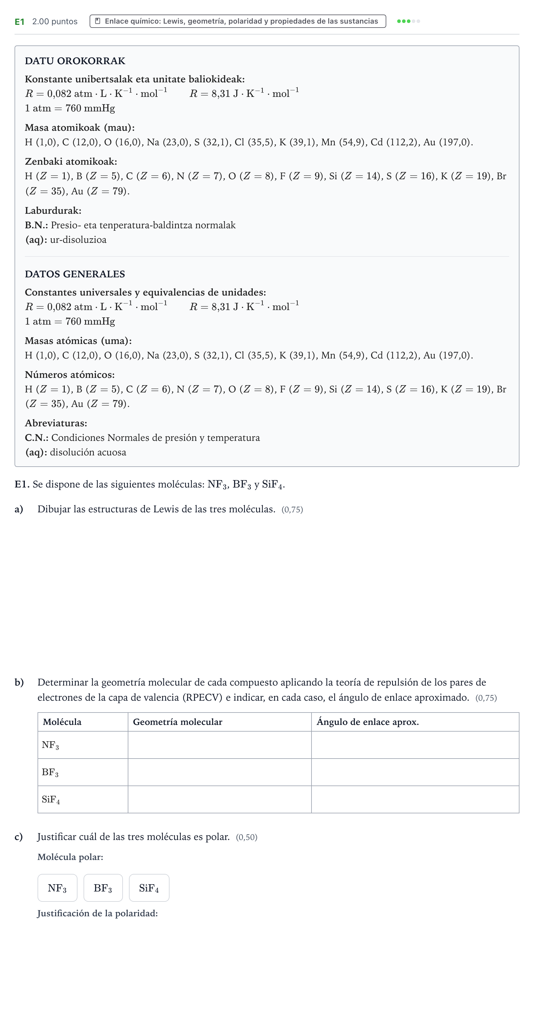 Enunciado: Ejercicio E1 · Química PAU País Vasco Extraordinaria 2026